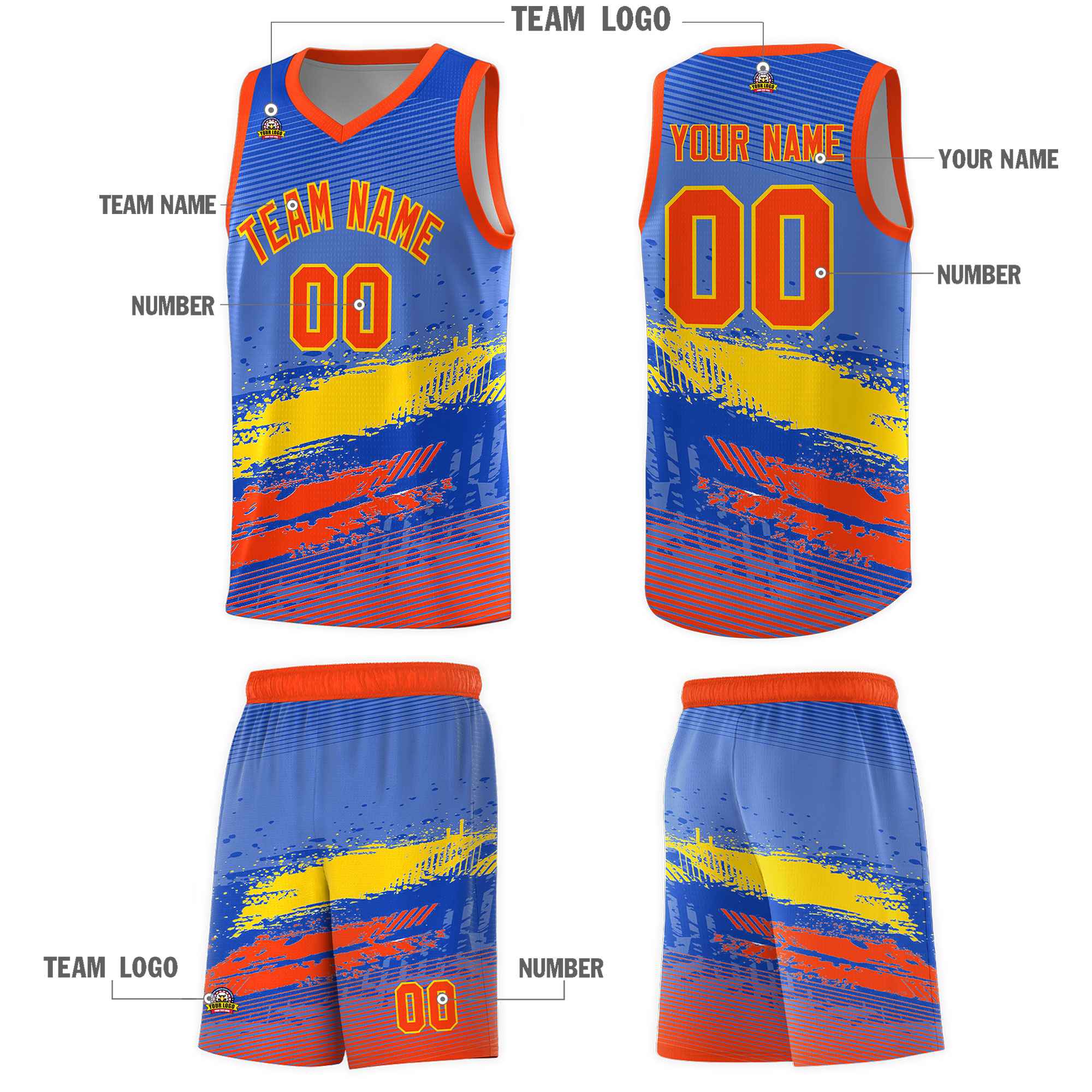 Custom Royal Gold and Orange Graffiti Pattern Sports Uniform Basketball Jersey