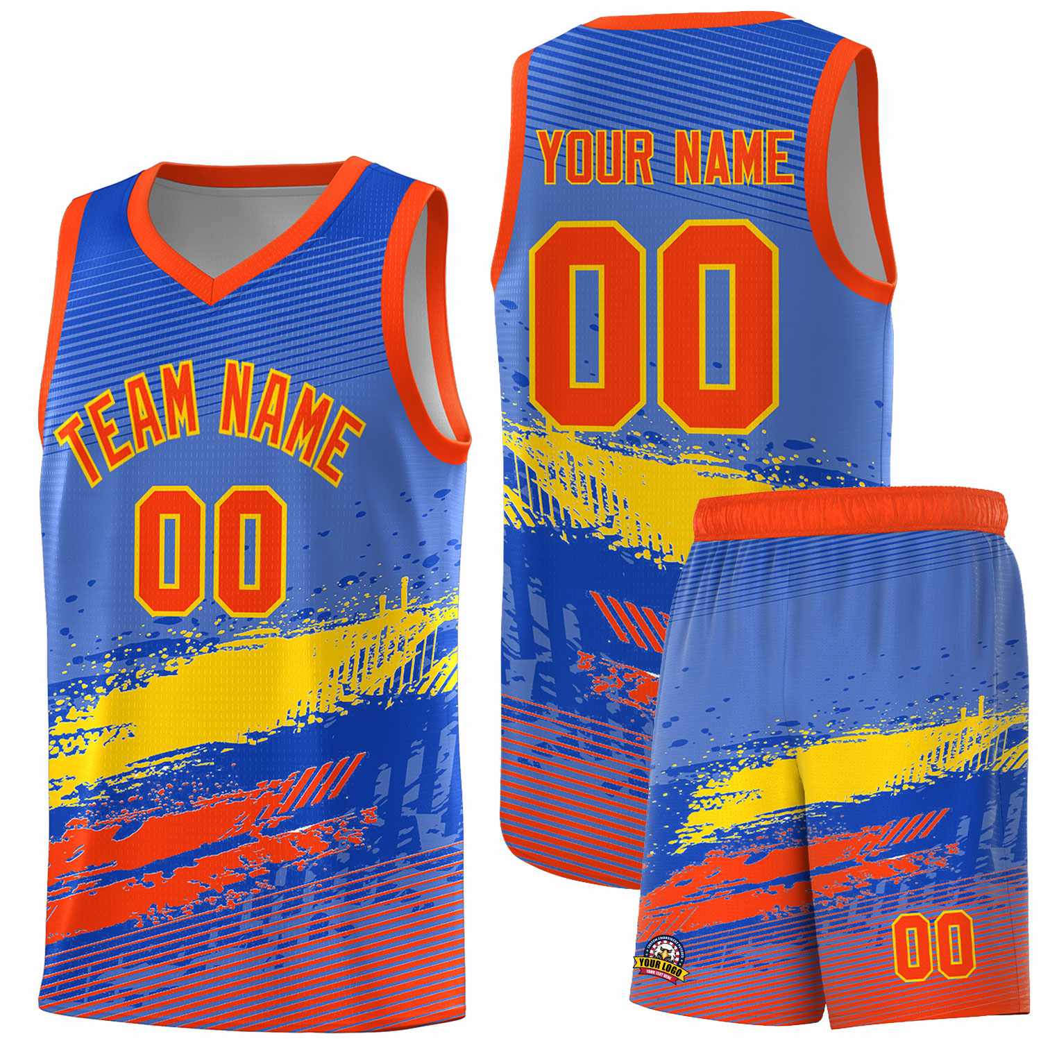 Custom Royal Gold and Orange Graffiti Pattern Sports Uniform Basketball Jersey