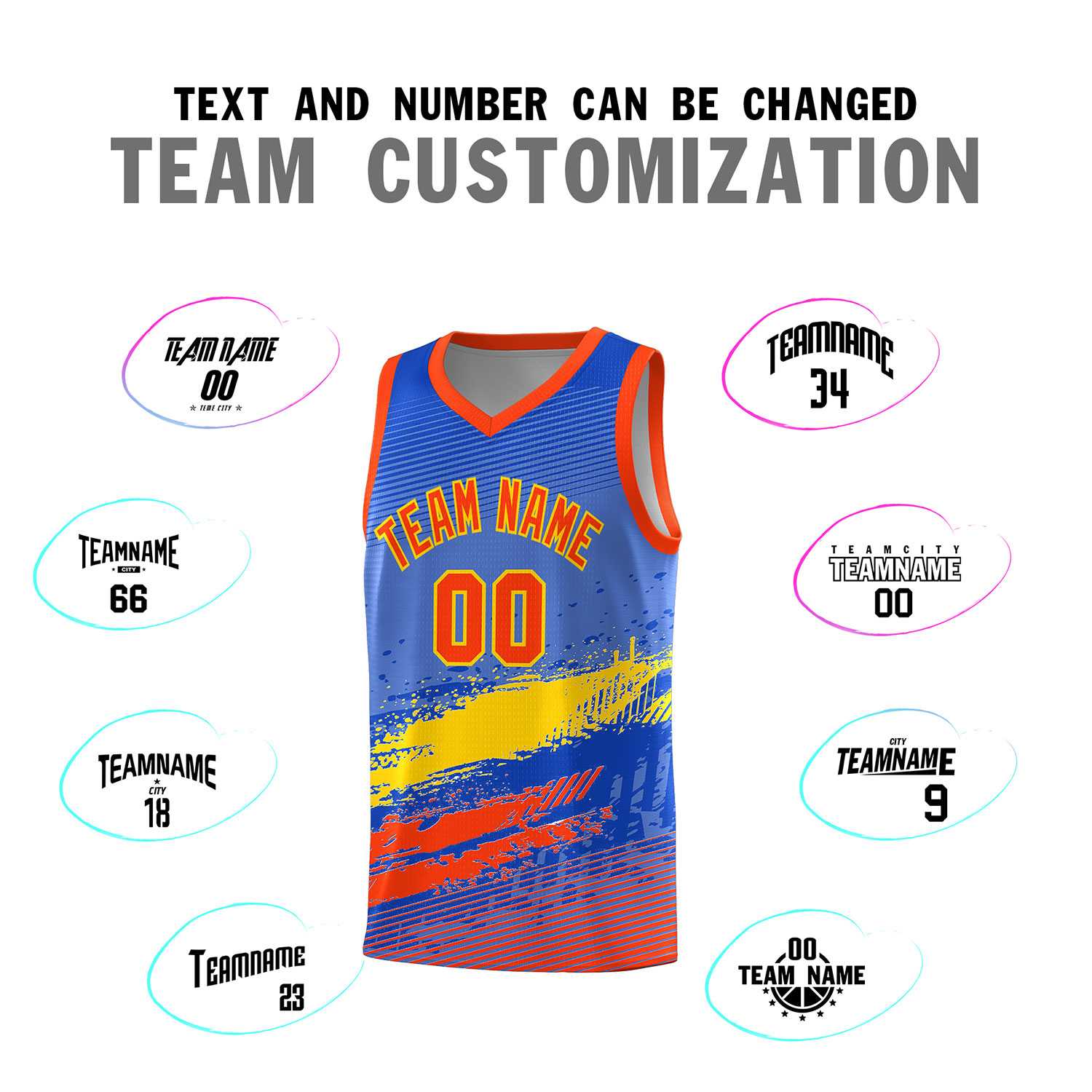 Custom Royal Gold and Orange Graffiti Pattern Sports Uniform Basketball Jersey