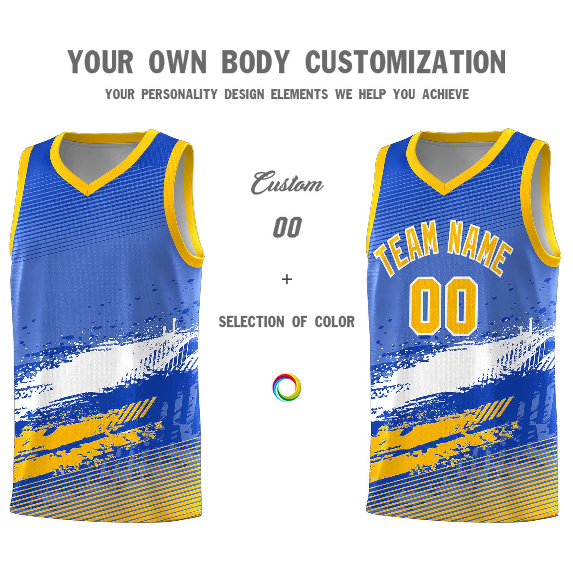 Custom Royal White and Yellow Graffiti Pattern Sports Uniform Basketball Jersey