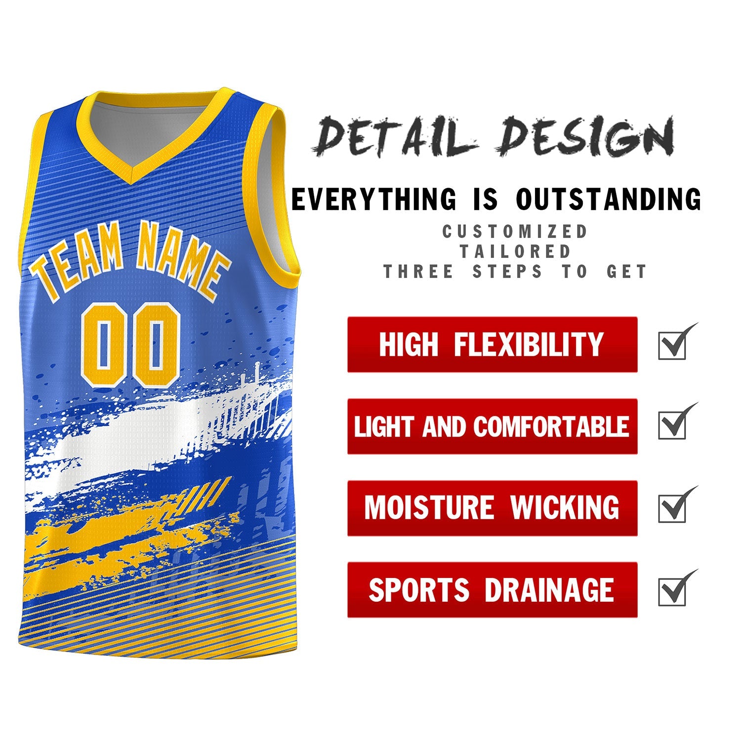 Custom Royal White and Yellow Graffiti Pattern Sports Uniform Basketball Jersey