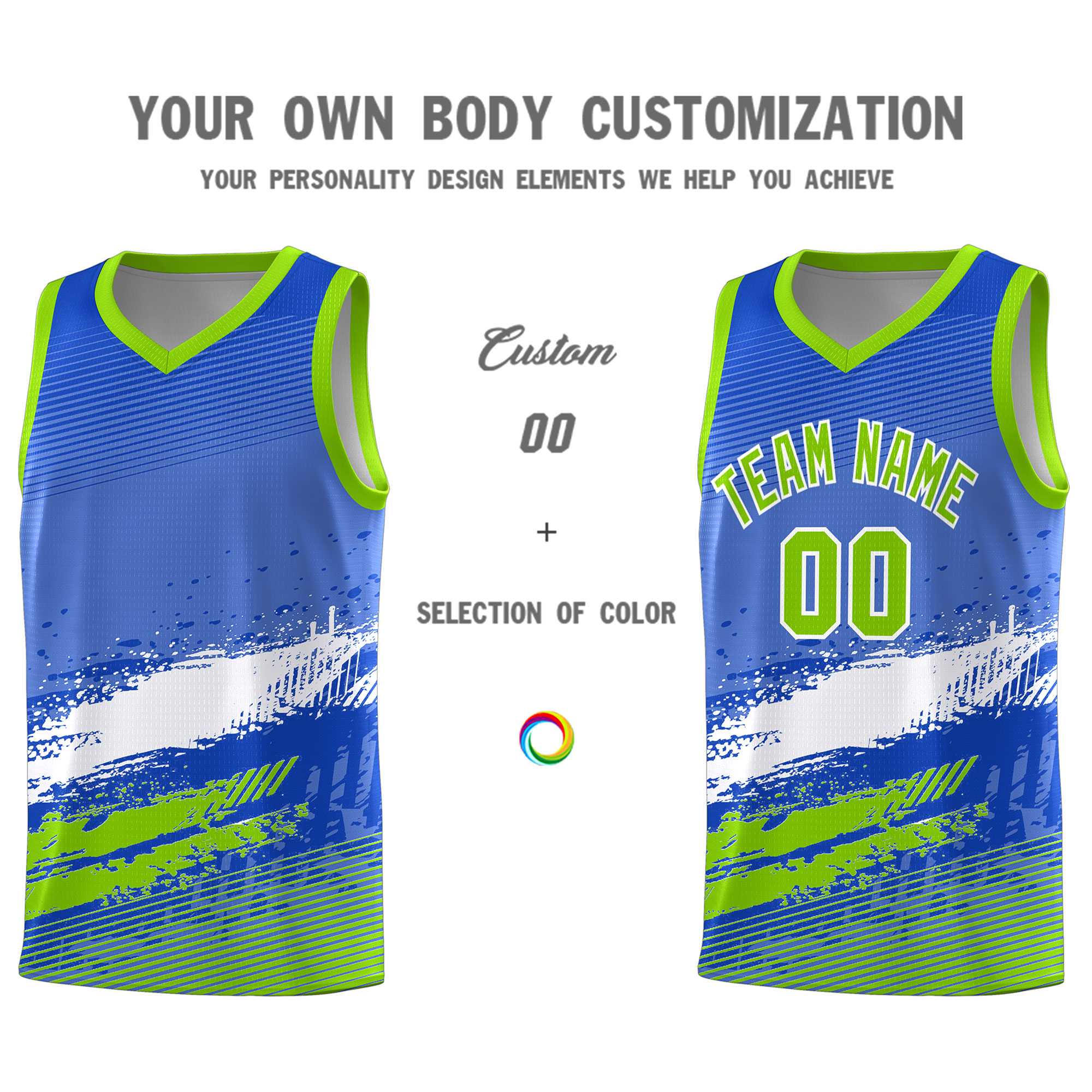 Custom Royal White and Neon Green Graffiti Pattern Sports Uniform Basketball Jersey