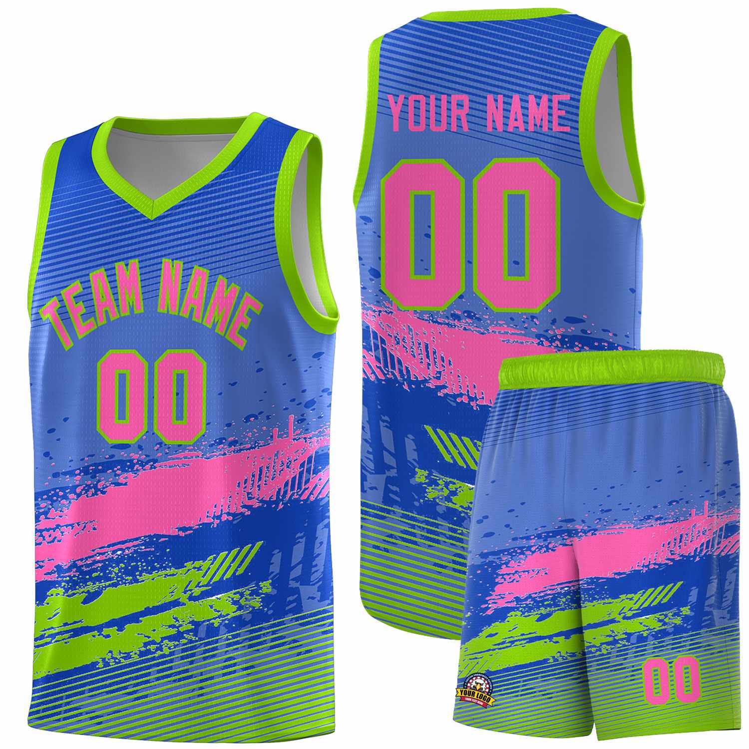 Custom Royal Pink and Neon Green Graffiti Pattern Sports Uniform Basketball Jersey