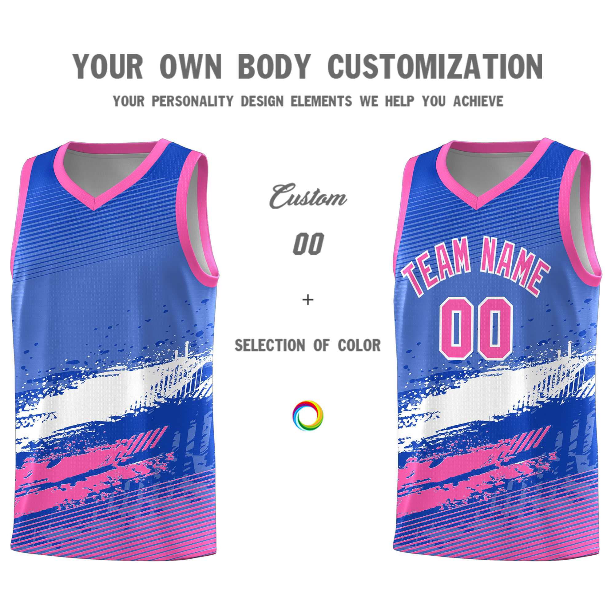 Custom Royal White and Pink Graffiti Pattern Sports Uniform Basketball Jersey