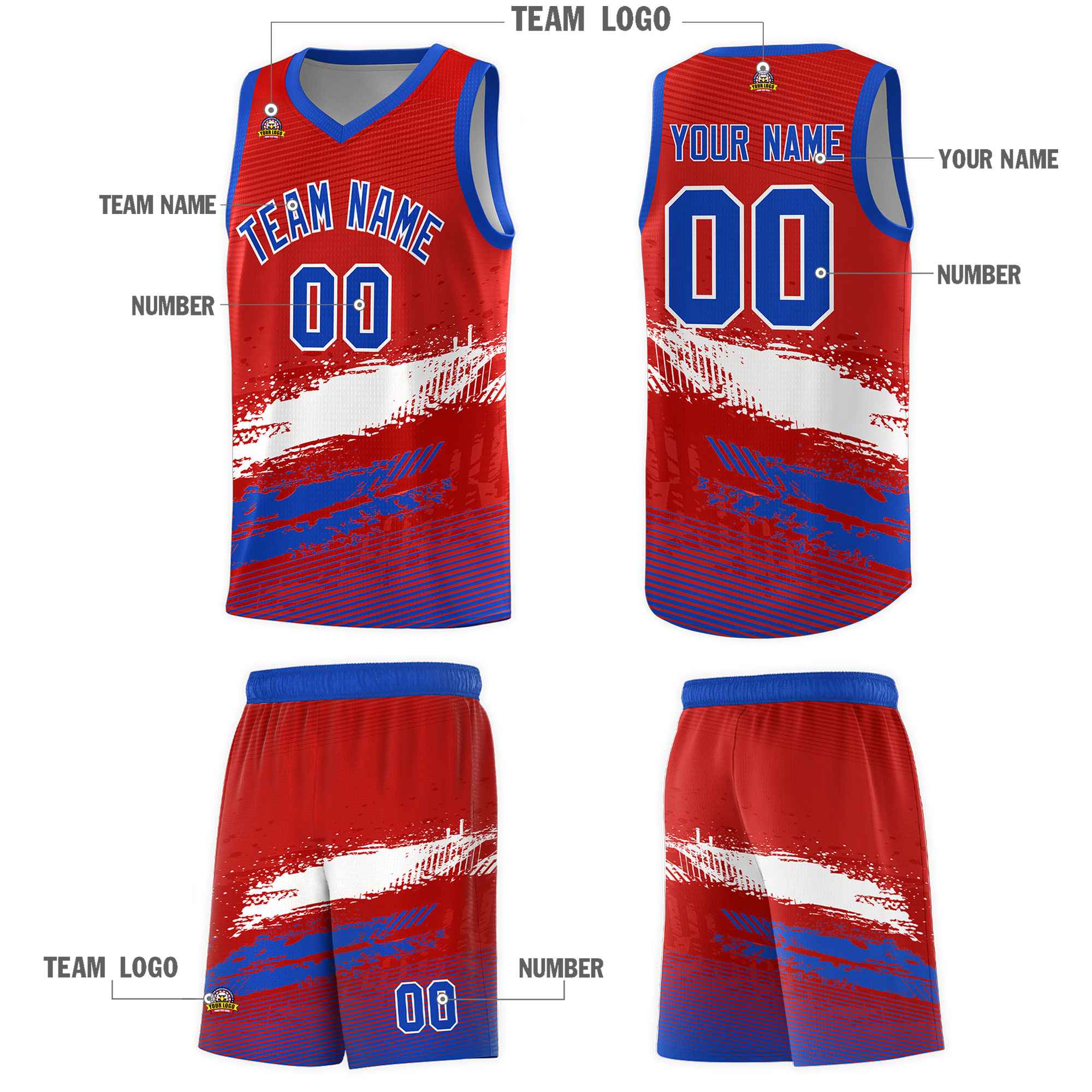 Custom Red White and Royal Graffiti Pattern Sports Uniform Basketball Jersey