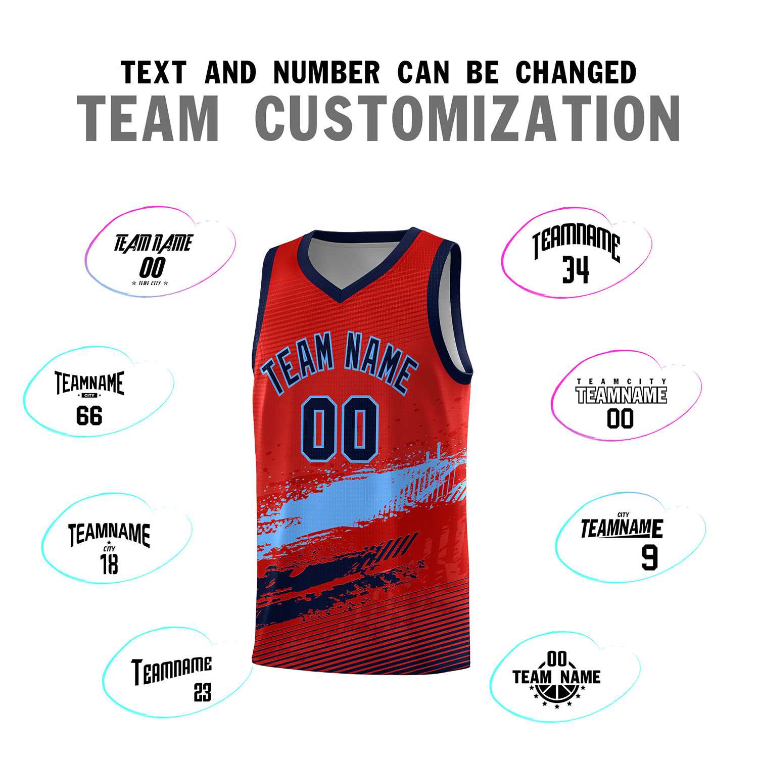 Custom Red Powder Blue and Navy Graffiti Pattern Sports Uniform Basketball Jersey