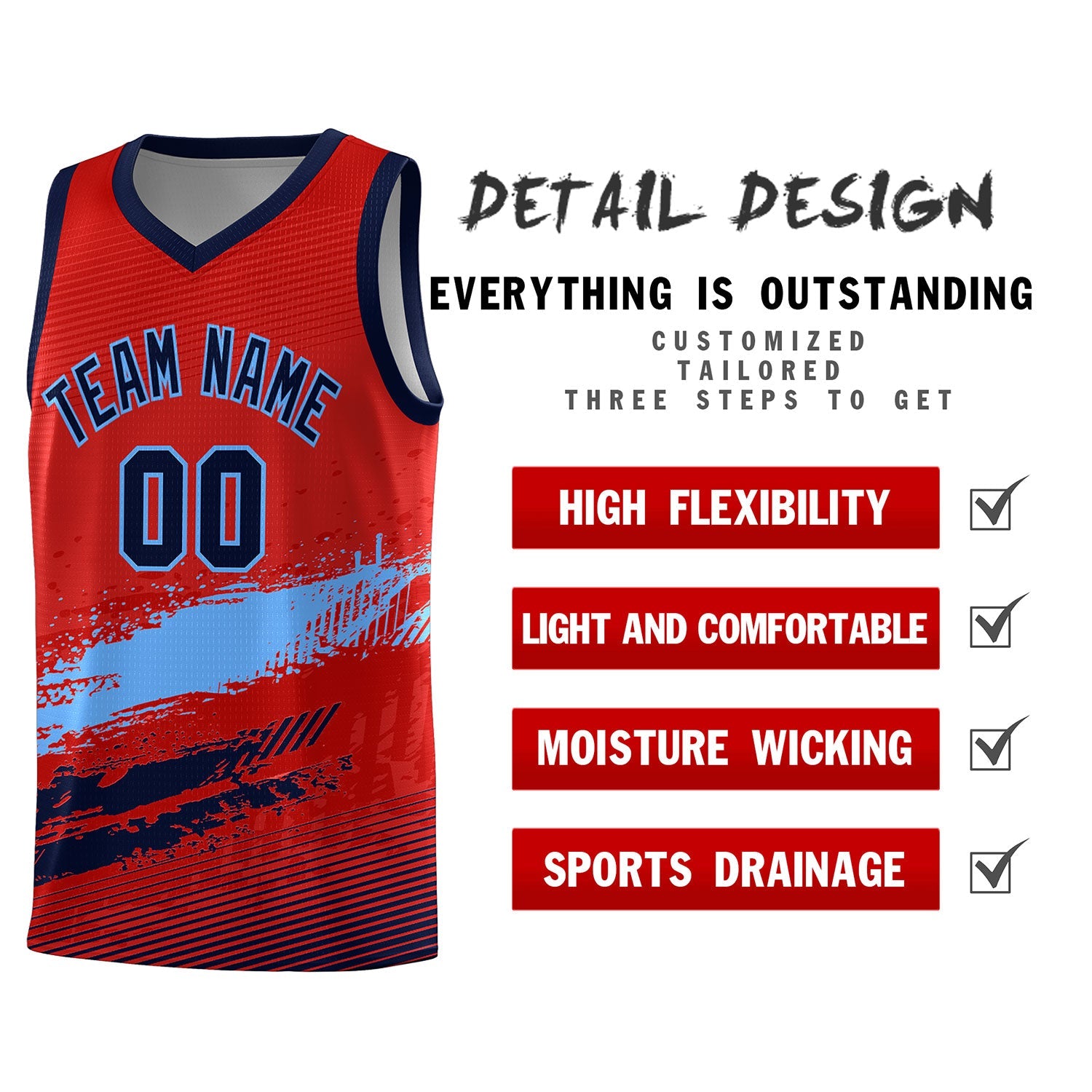 Custom Red Powder Blue and Navy Graffiti Pattern Sports Uniform Basketball Jersey