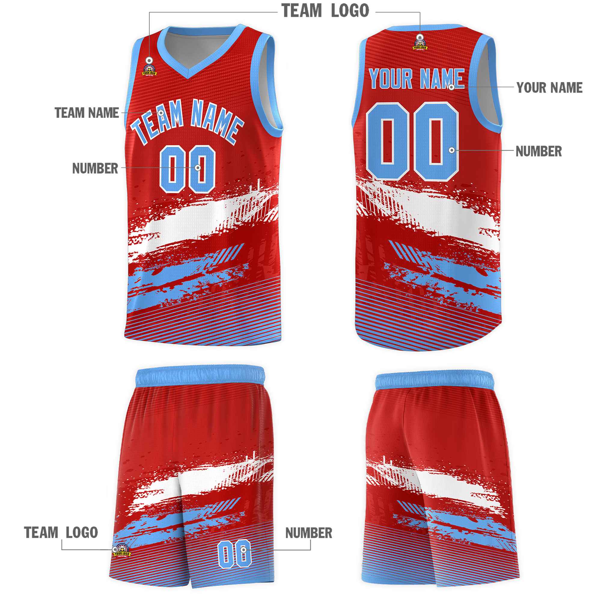 Custom Red White and Powder Blue Graffiti Pattern Sports Uniform Basketball Jersey