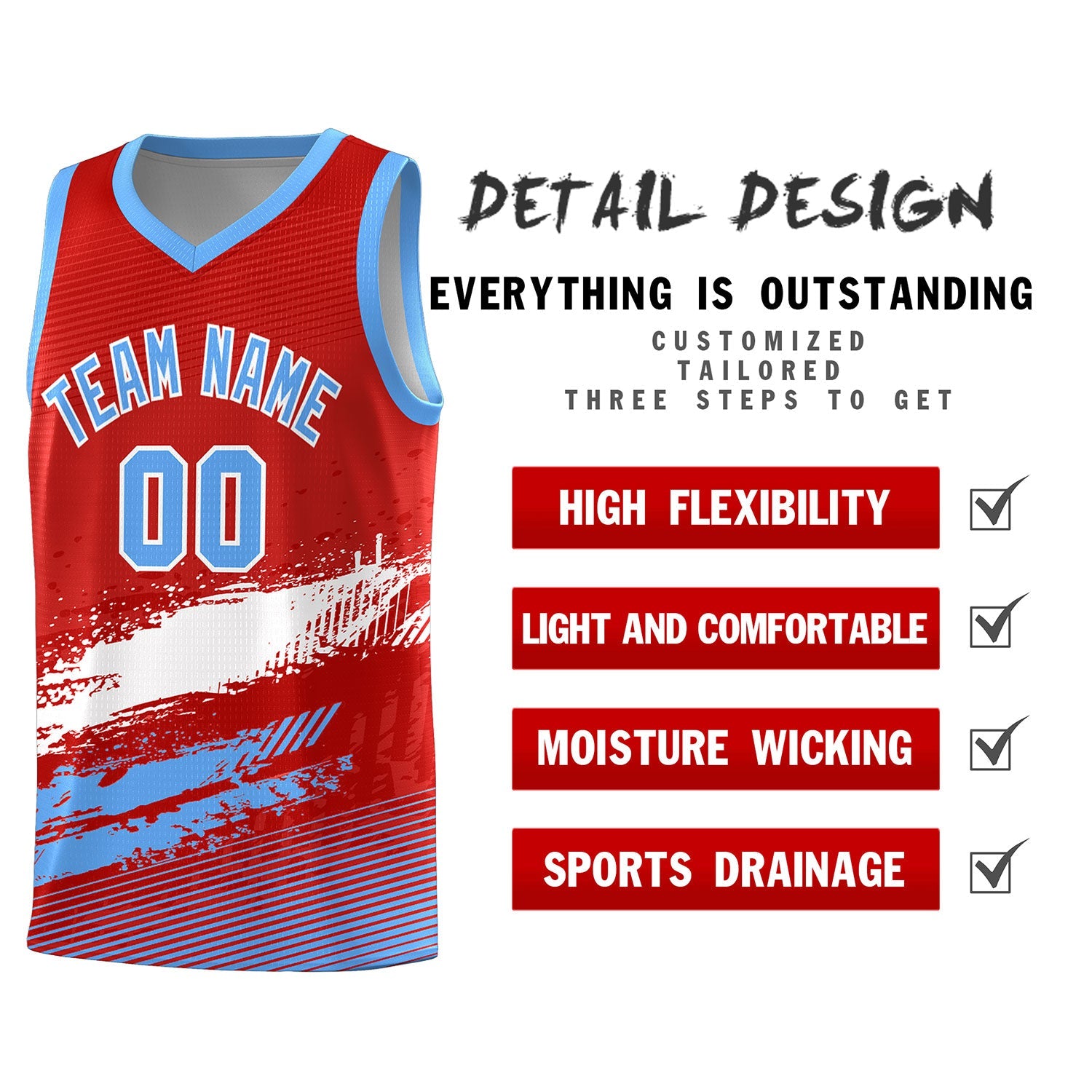 Custom Red White and Powder Blue Graffiti Pattern Sports Uniform Basketball Jersey