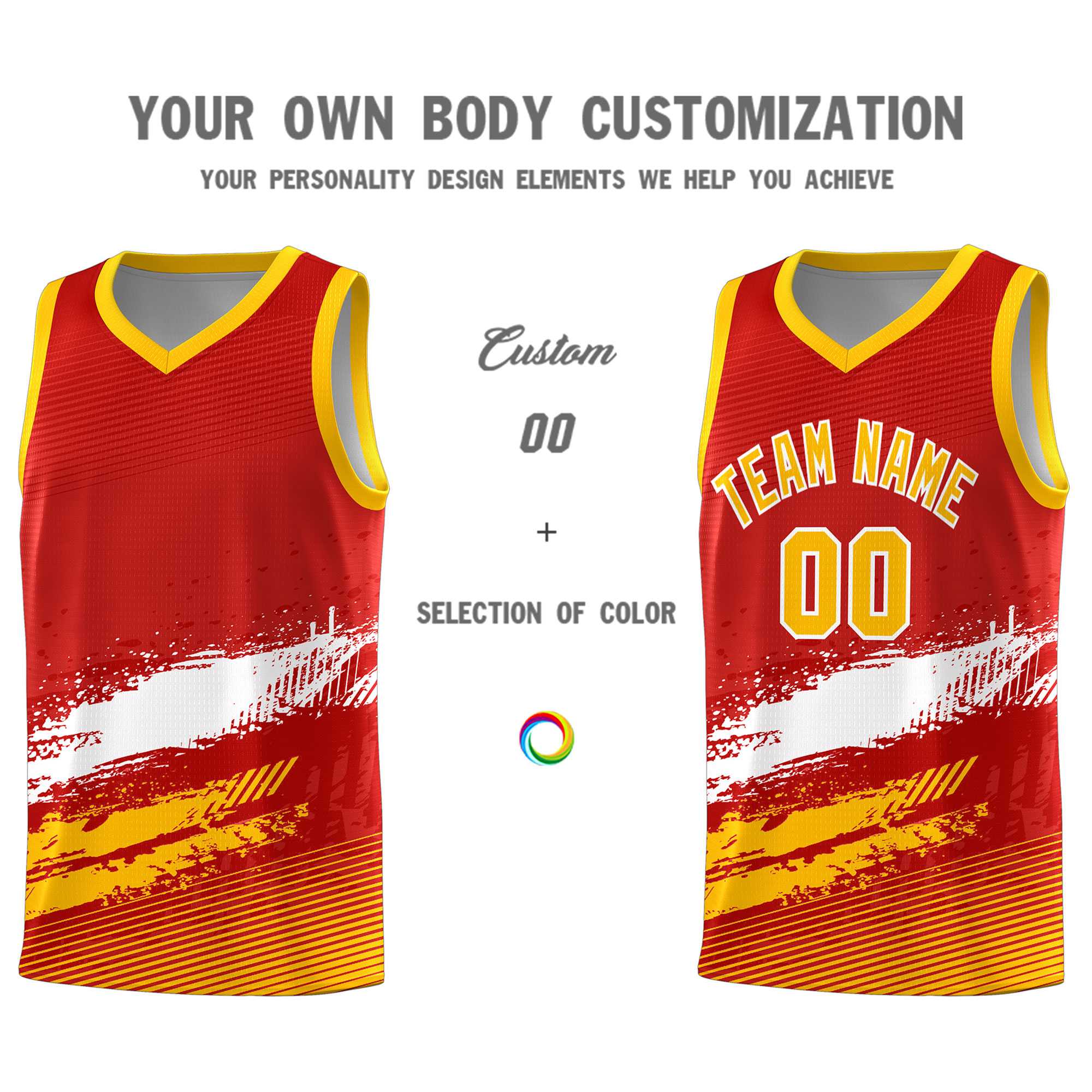 Custom Red White and Yellow Graffiti Pattern Sports Uniform Basketball Jersey