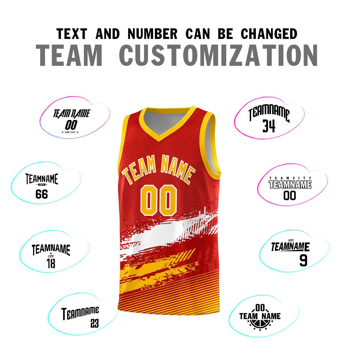 Custom Red White and Yellow Graffiti Pattern Sports Uniform Basketball Jersey