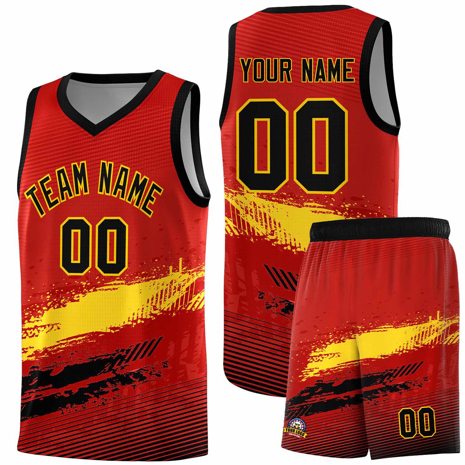 Custom Red Gold and Black Graffiti Pattern Sports Uniform Basketball Jersey