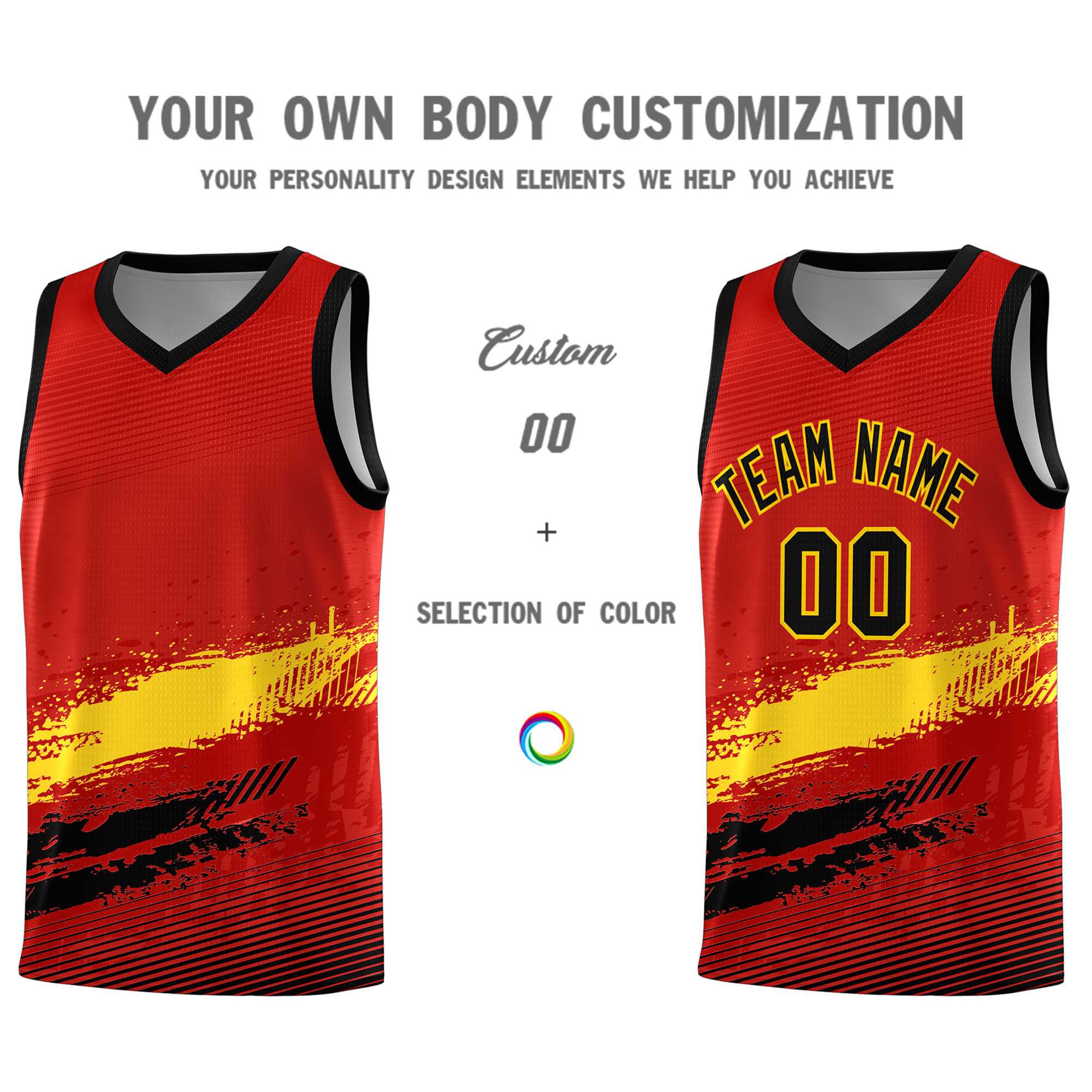 Custom Red Gold and Black Graffiti Pattern Sports Uniform Basketball Jersey