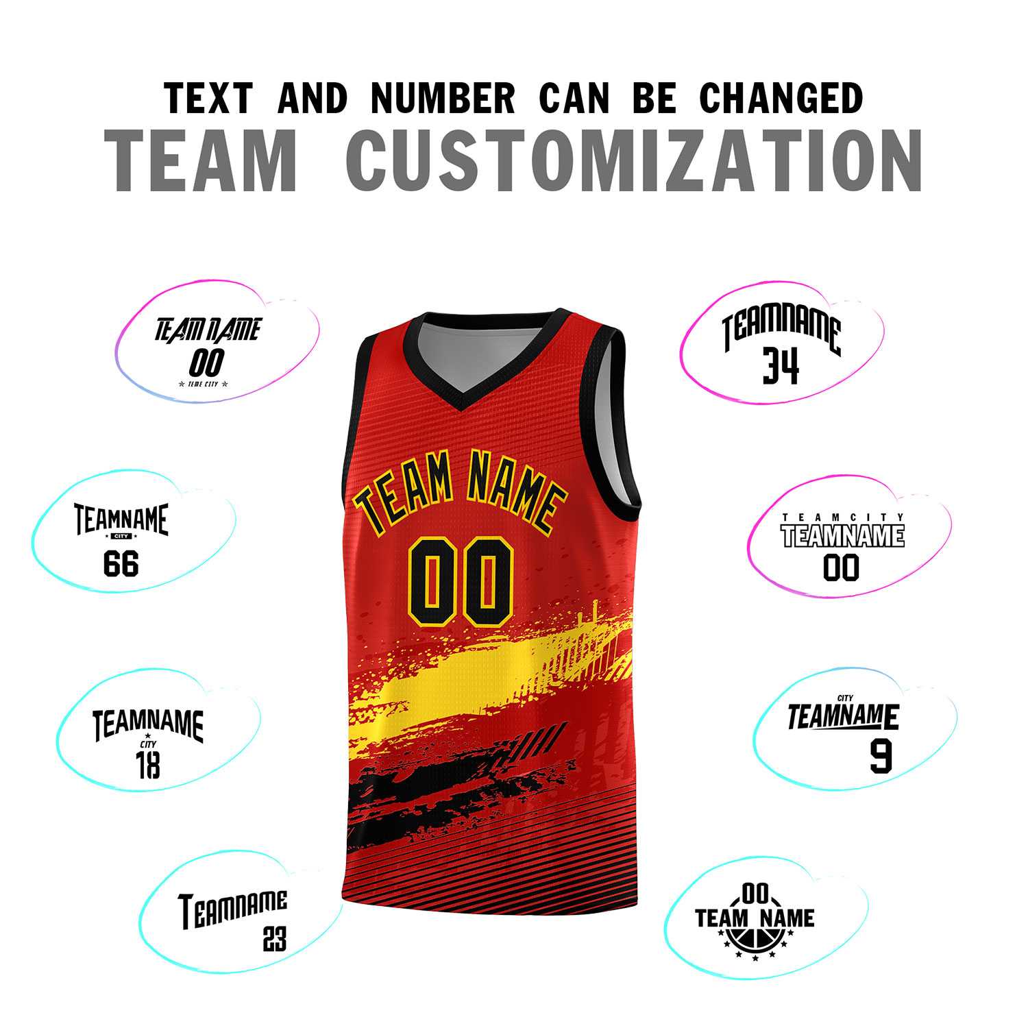 Custom Red Gold and Black Graffiti Pattern Sports Uniform Basketball Jersey