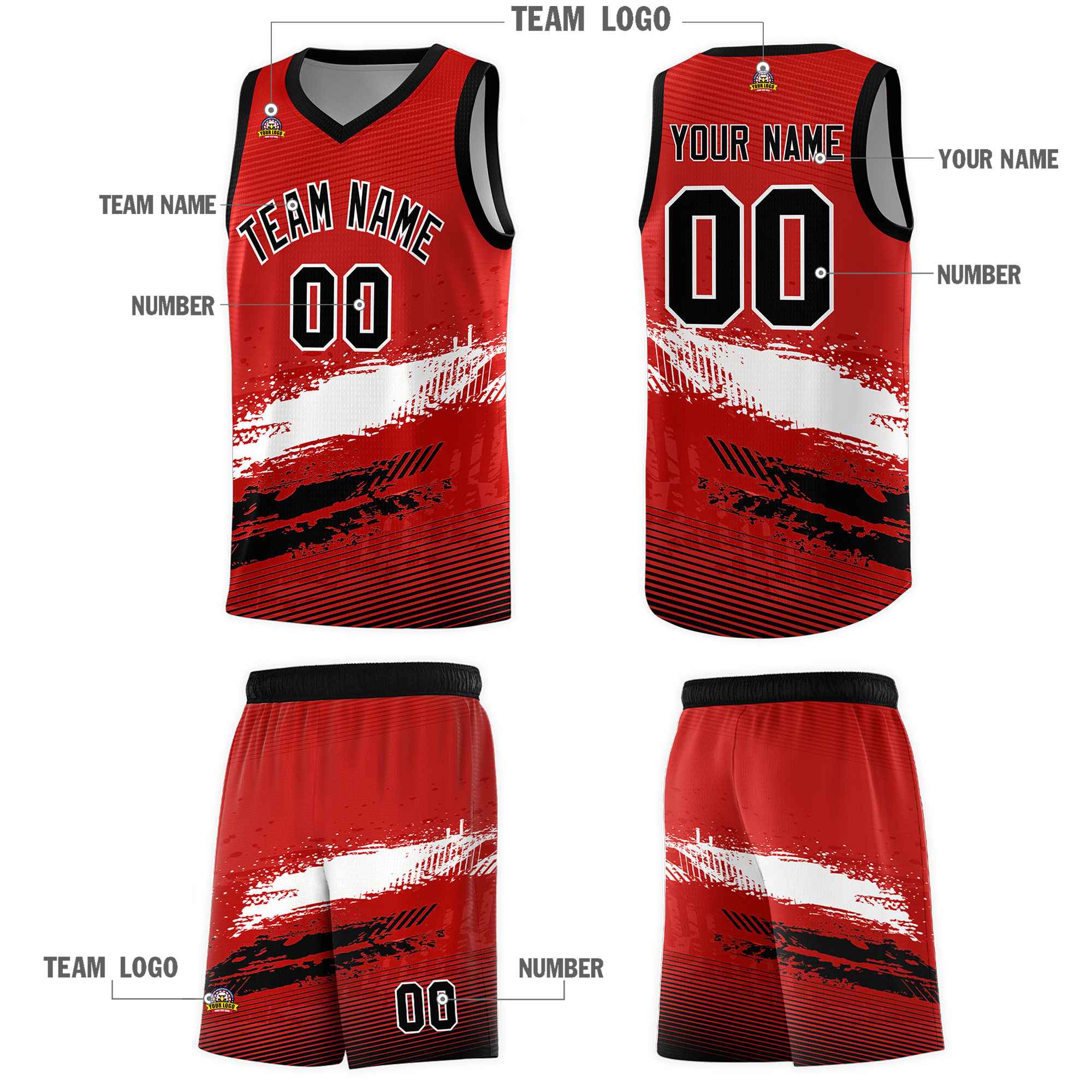 Custom Red White and Black Graffiti Pattern Sports Uniform Basketball Jersey