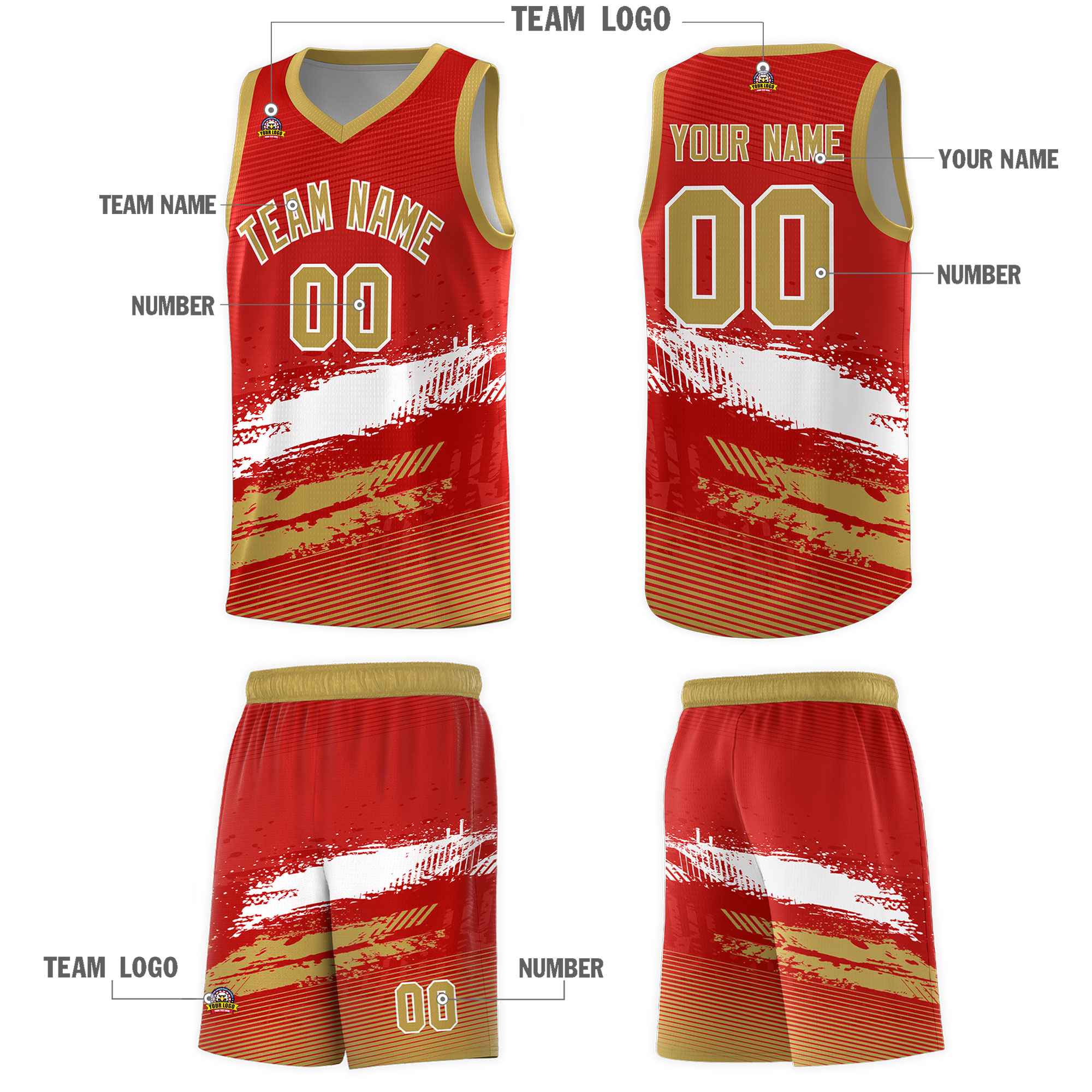 Custom Red White and Old Gold Graffiti Pattern Sports Uniform Basketball Jersey