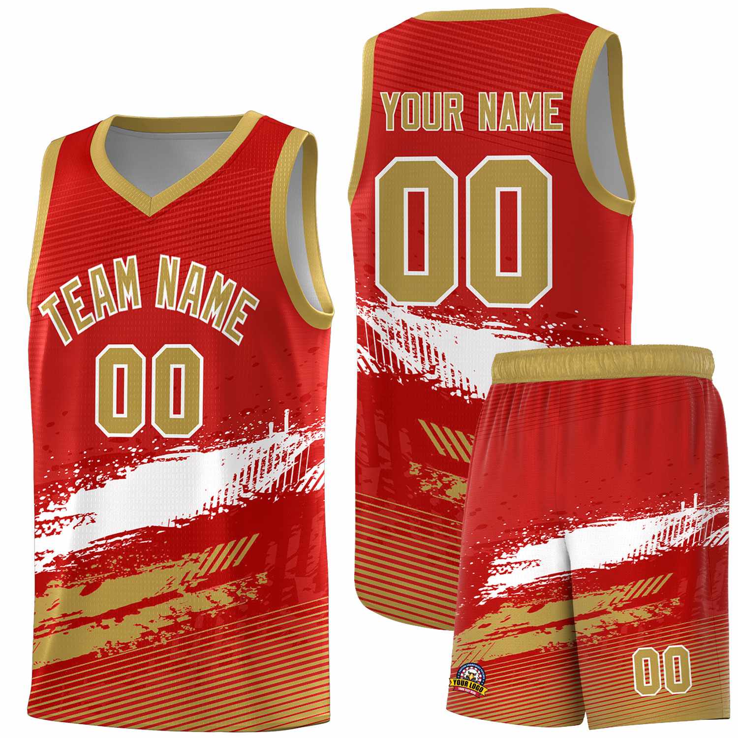 Custom Red White and Old Gold Graffiti Pattern Sports Uniform Basketball Jersey