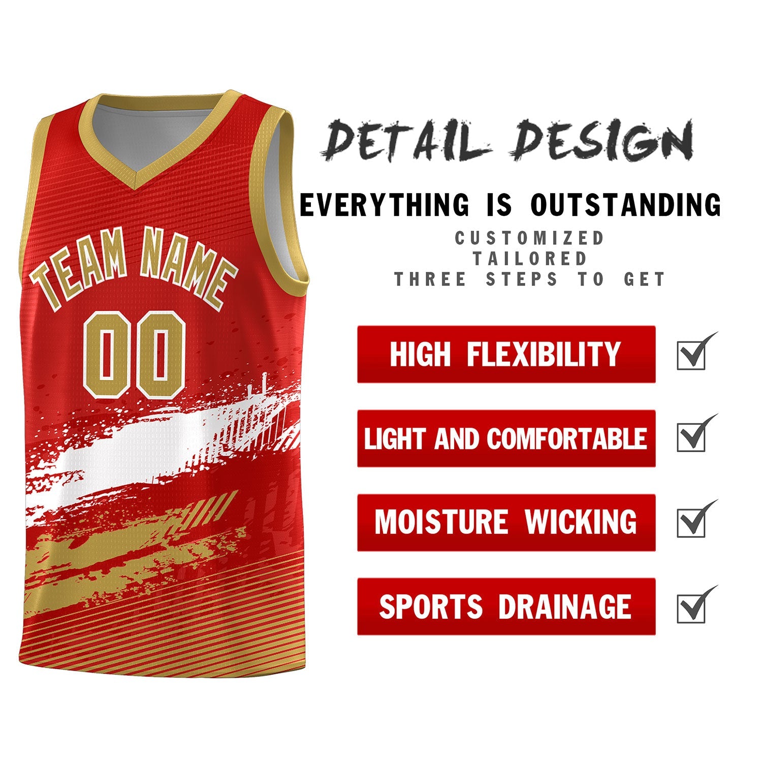 Custom Red White and Old Gold Graffiti Pattern Sports Uniform Basketball Jersey