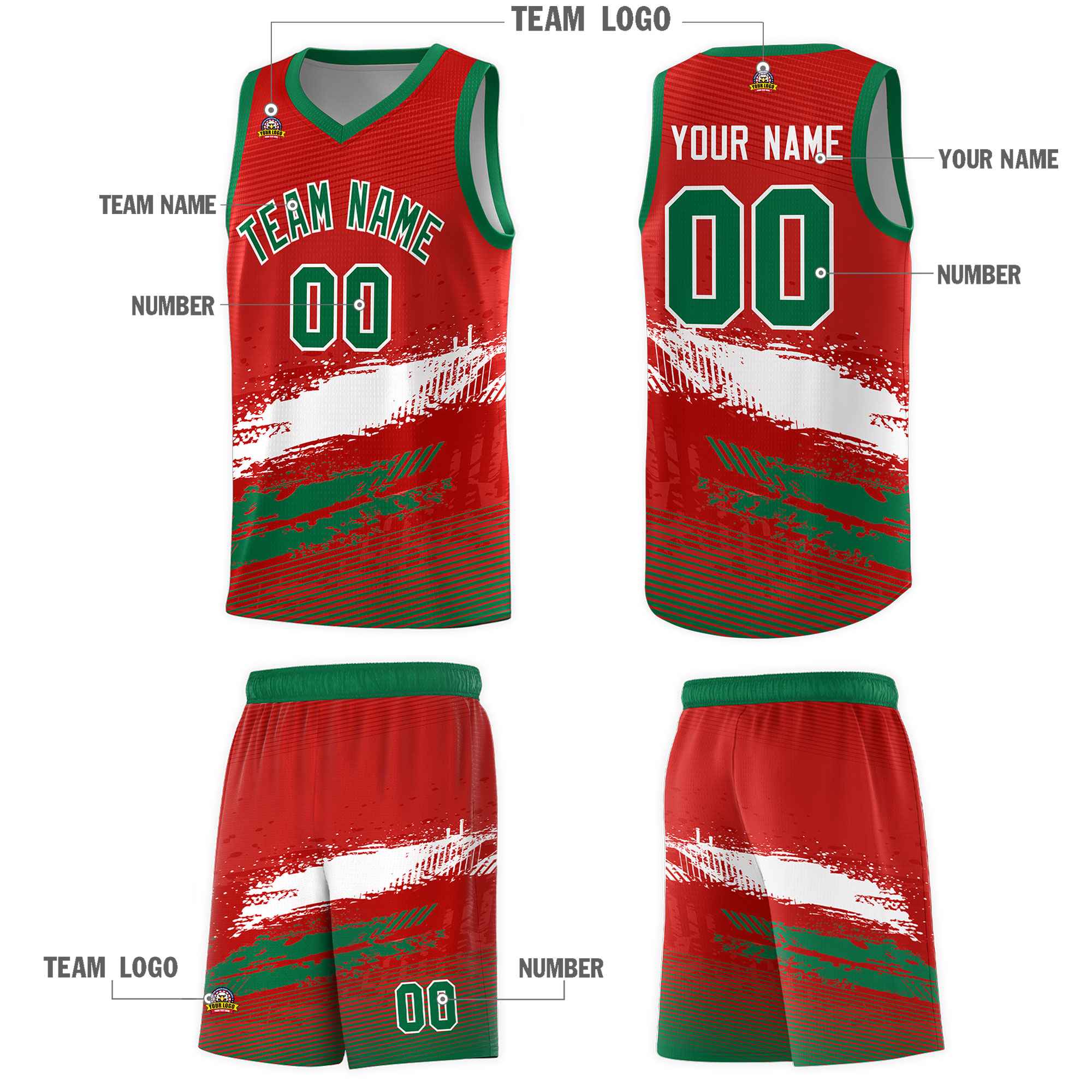 Custom Red White and Kelly Green Graffiti Pattern Sports Uniform Basketball Jersey