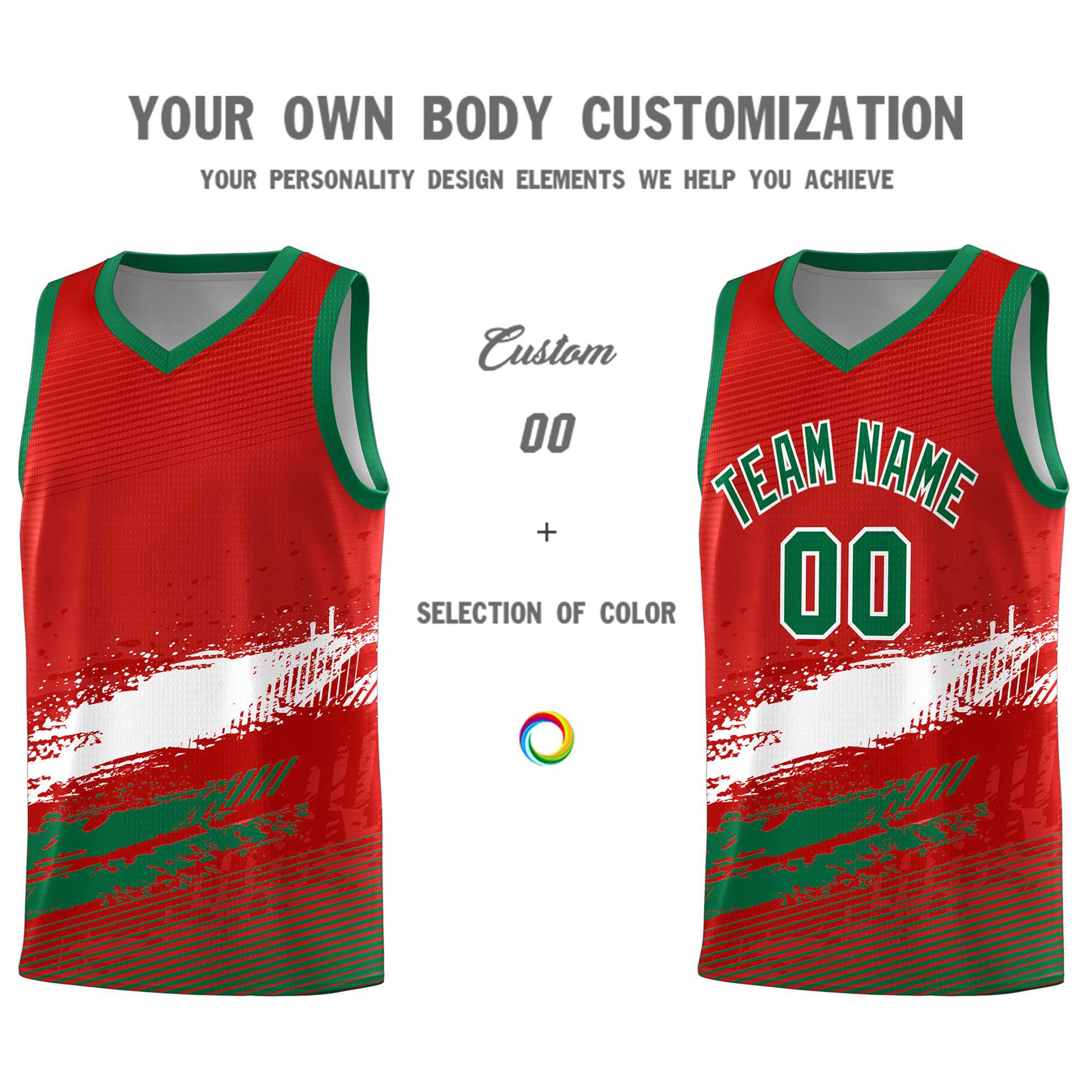 Custom Red White and Kelly Green Graffiti Pattern Sports Uniform Basketball Jersey