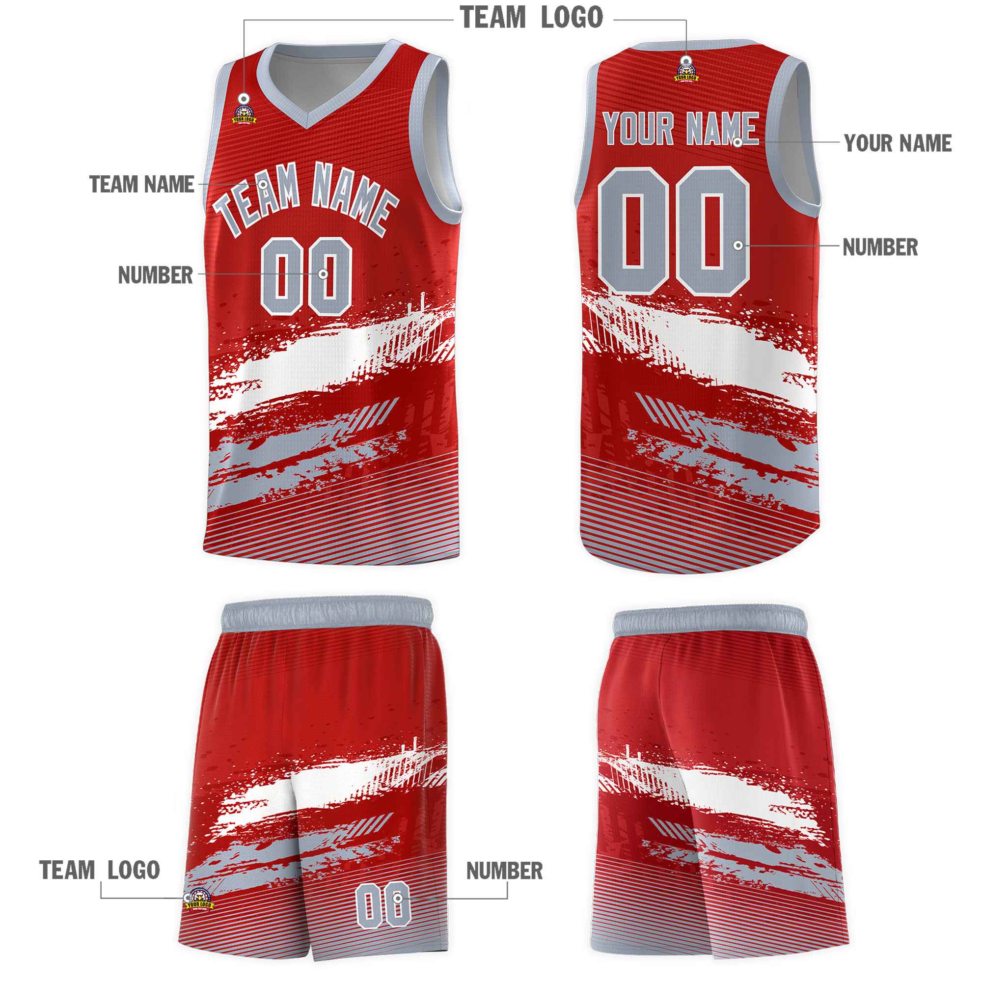 Custom Red White and Gray Graffiti Pattern Sports Uniform Basketball Jersey