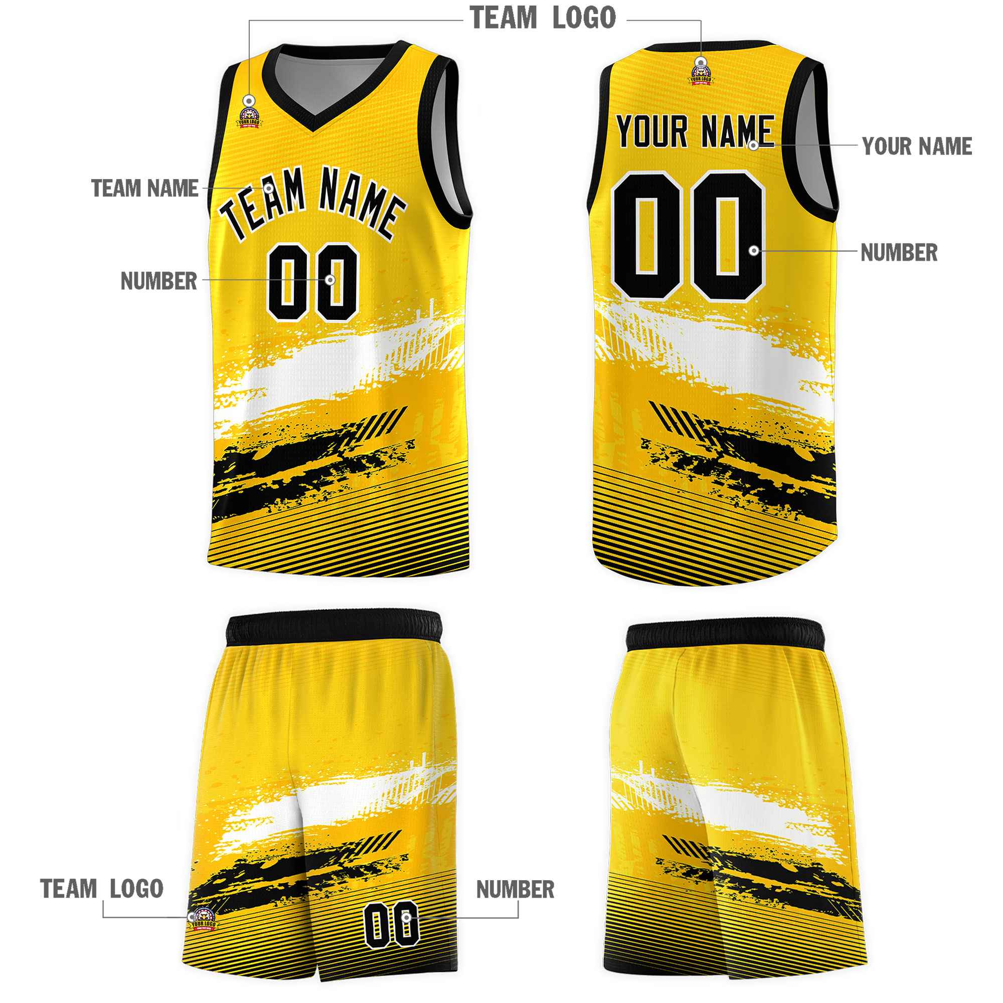 Custom Yellow White and Black Graffiti Pattern Sports Uniform Basketball Jersey