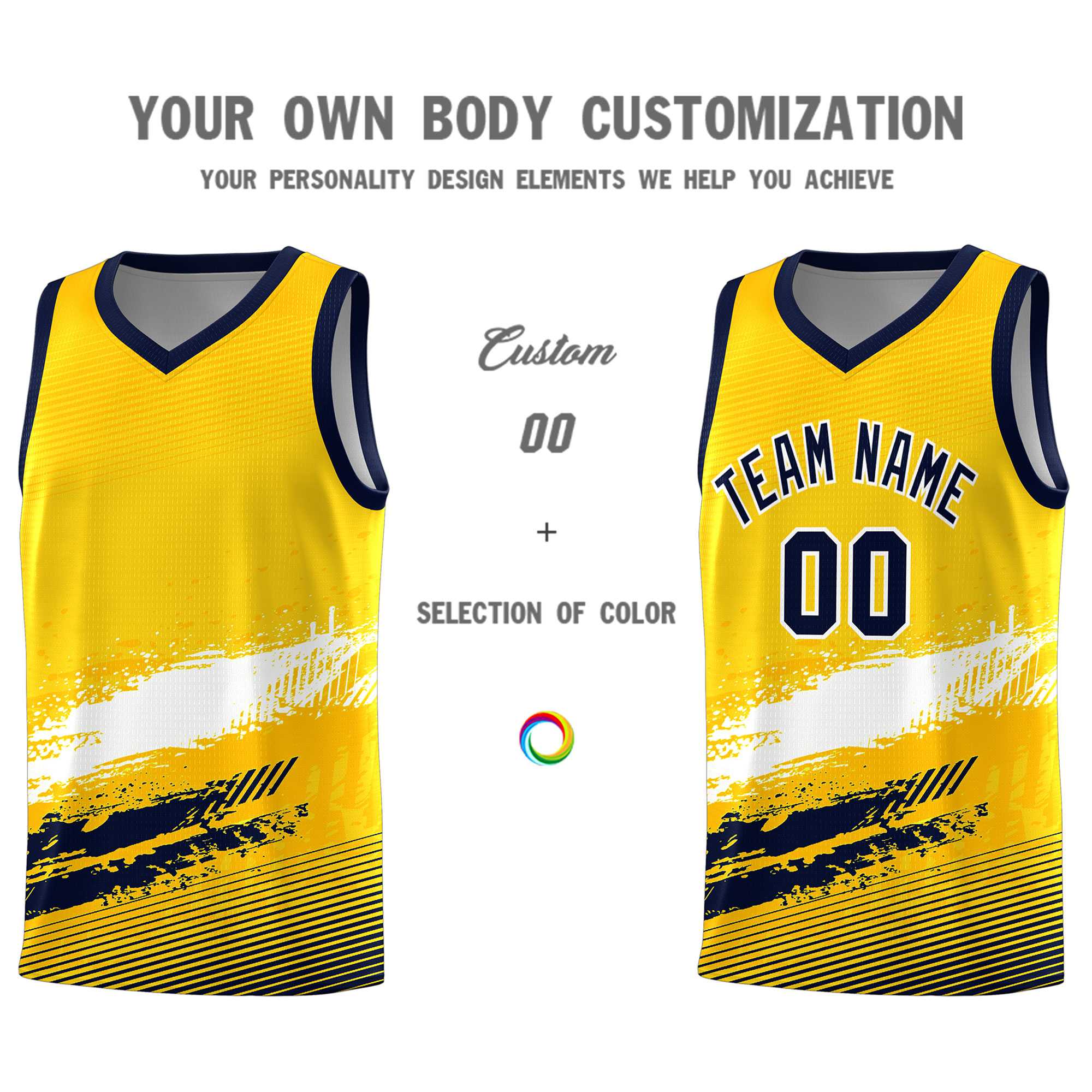 Custom Yellow White and Navy Graffiti Pattern Sports Uniform Basketball Jersey