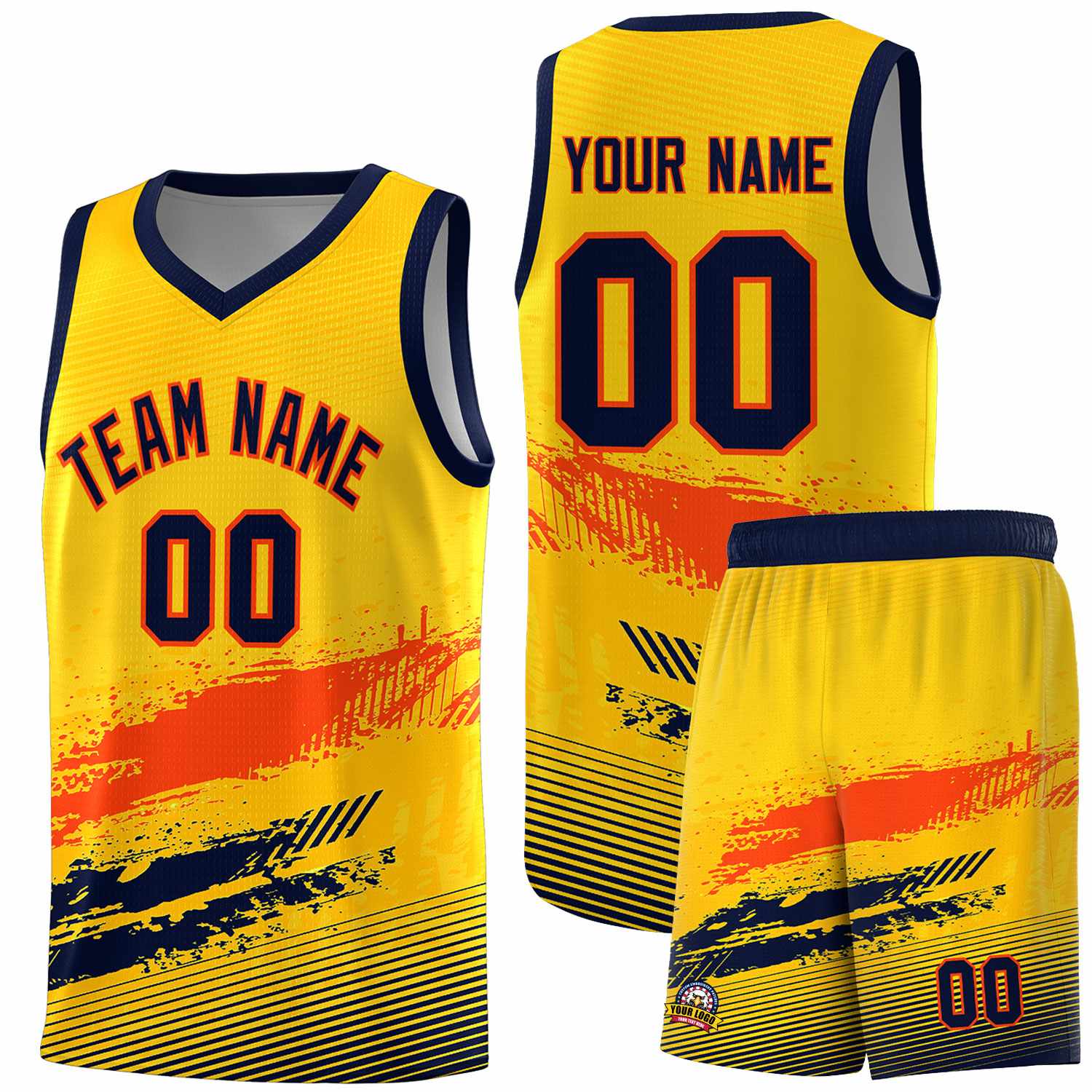 Custom Yellow Orange and Navy Graffiti Pattern Sports Uniform Basketball Jersey