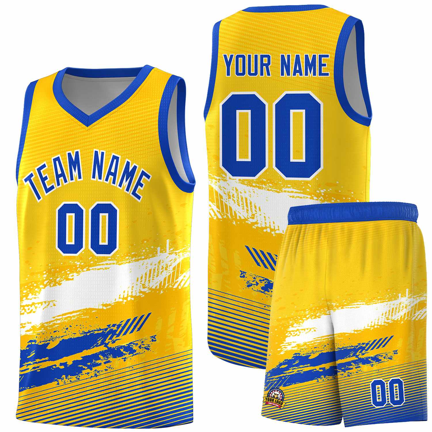 Custom Yellow White and Royal Graffiti Pattern Sports Uniform Basketball Jersey