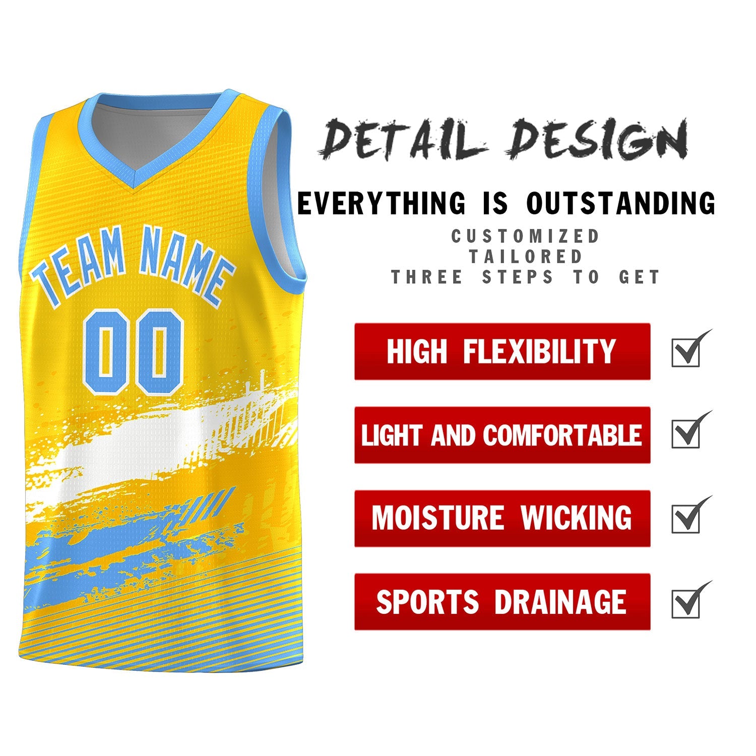 Custom Yellow White and Powder Blue Graffiti Pattern Sports Uniform Basketball Jersey