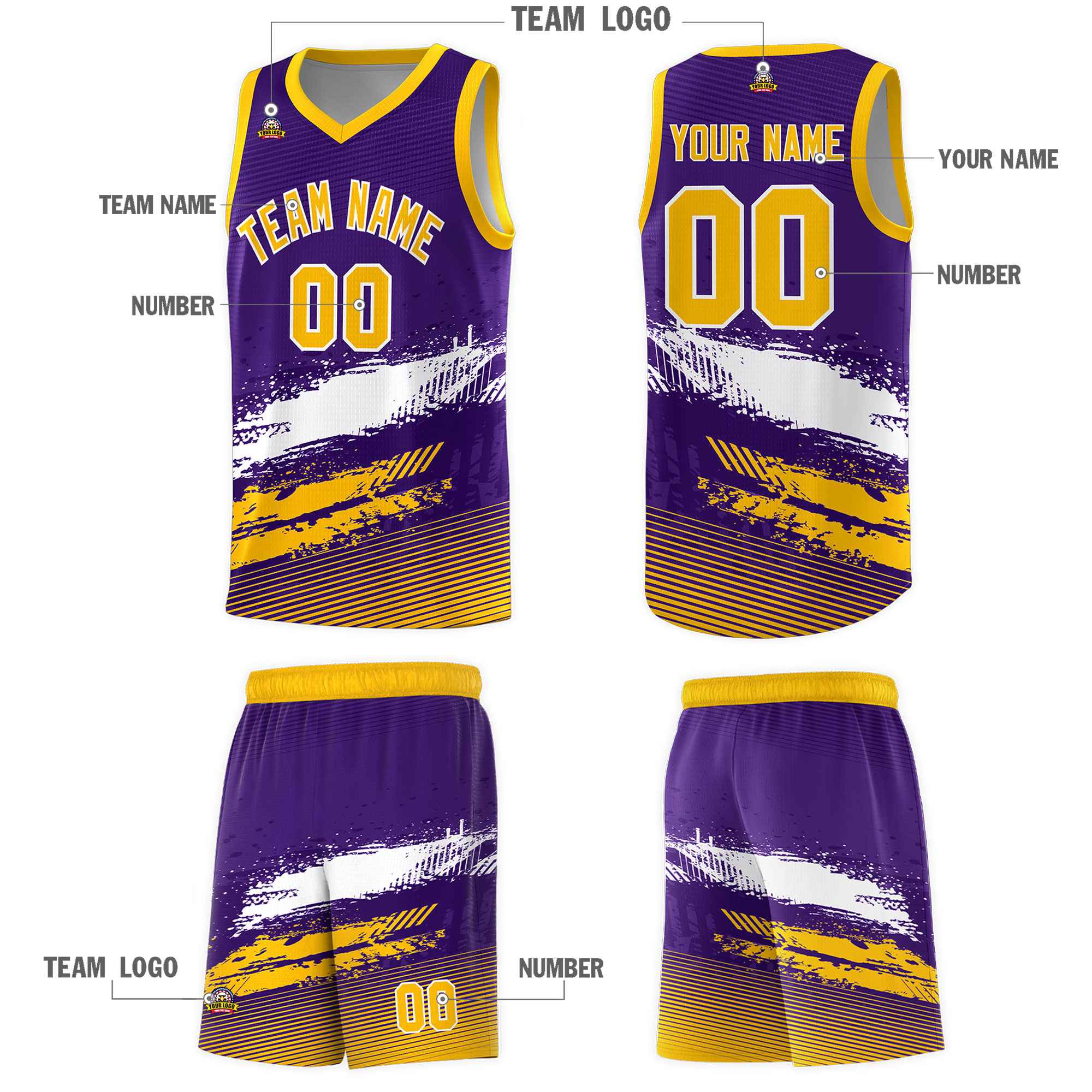 Custom Purple White and Yellow Graffiti Pattern Sports Uniform Basketball Jersey