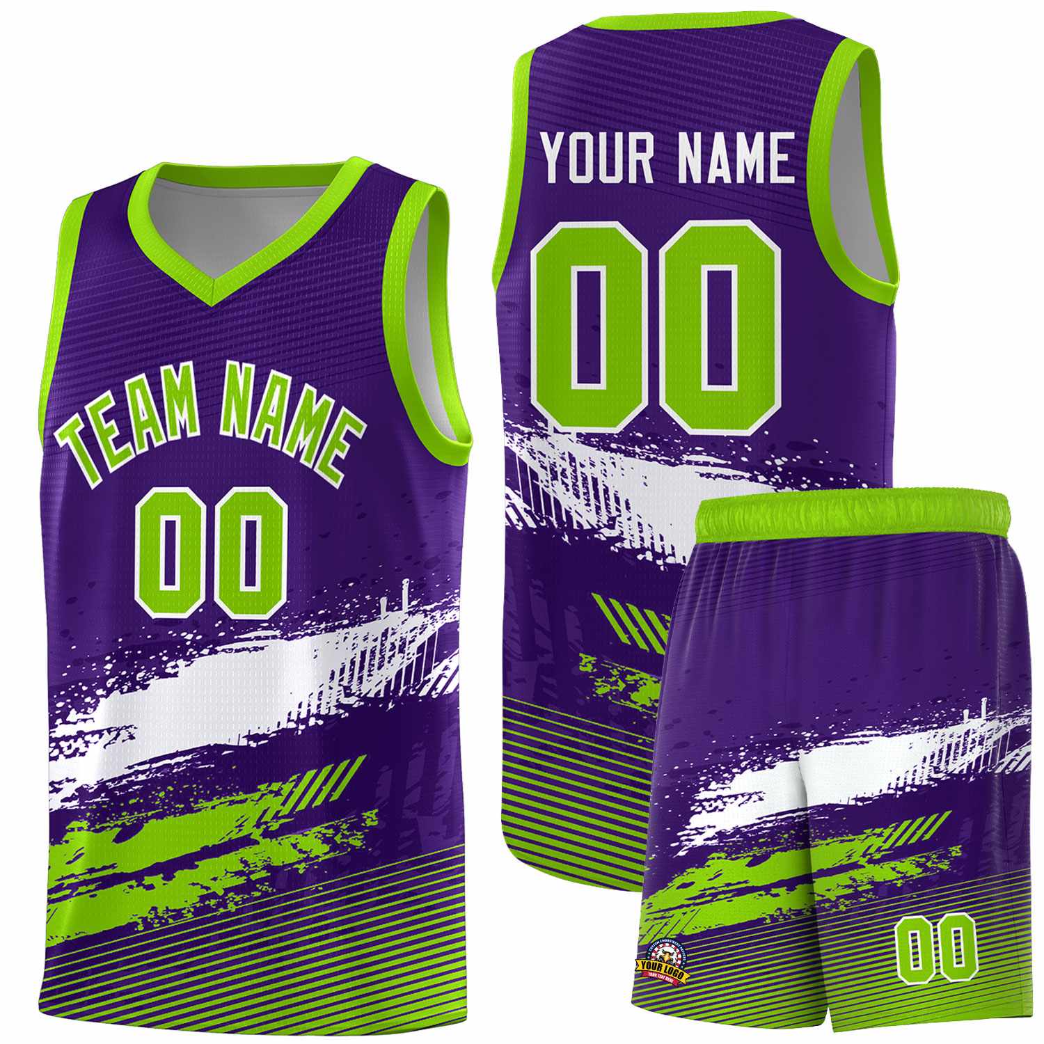 Custom Purple White and Neon Green Graffiti Pattern Sports Uniform Basketball Jersey