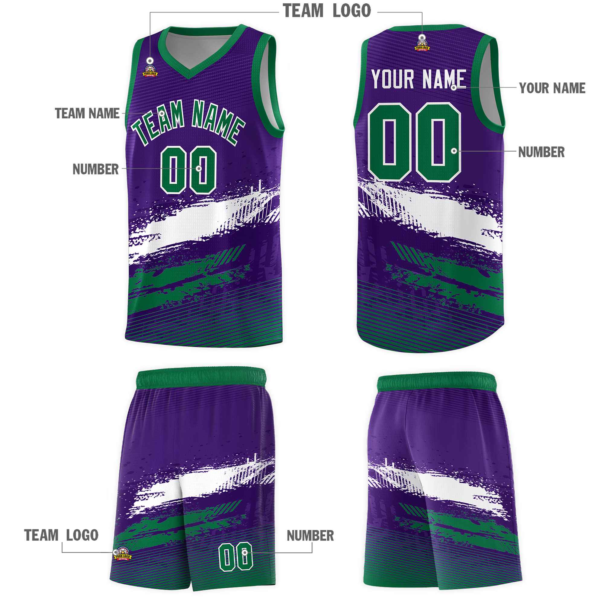 Custom Purple White and Kelly Green Graffiti Pattern Sports Uniform Basketball Jersey