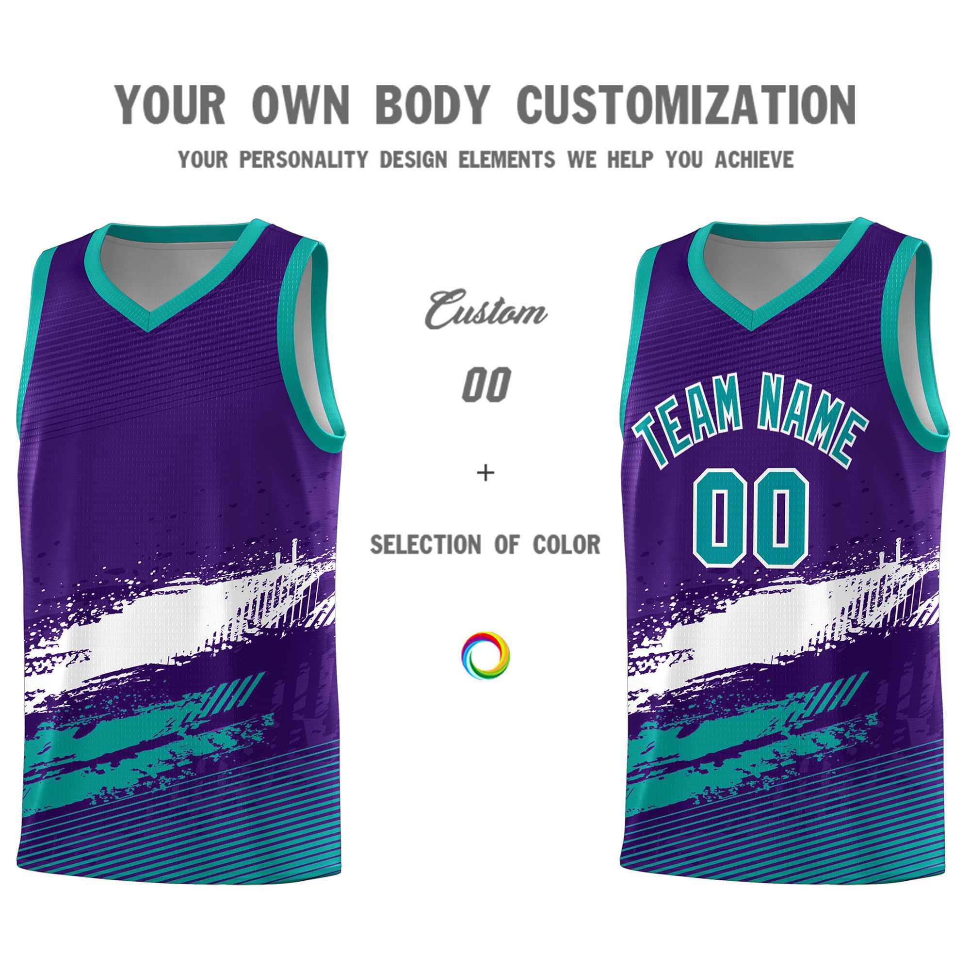 Custom Purple White and Aqua Graffiti Pattern Sports Uniform Basketball Jersey