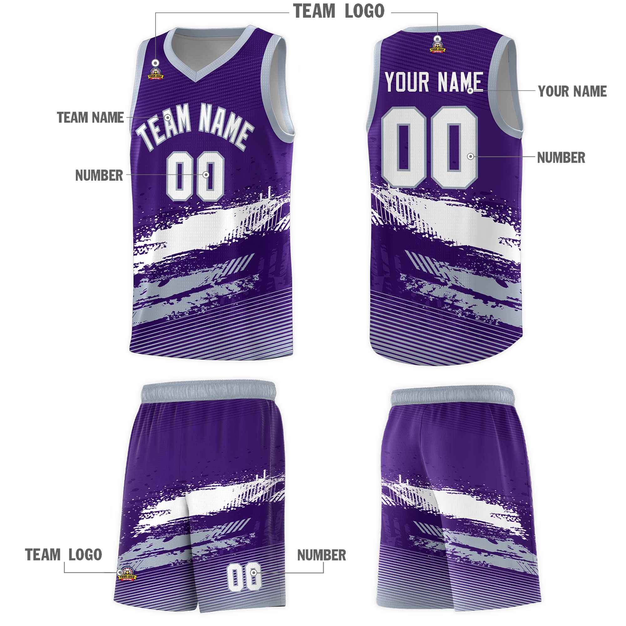 Custom Purple White and Gray Graffiti Pattern Sports Uniform Basketball Jersey