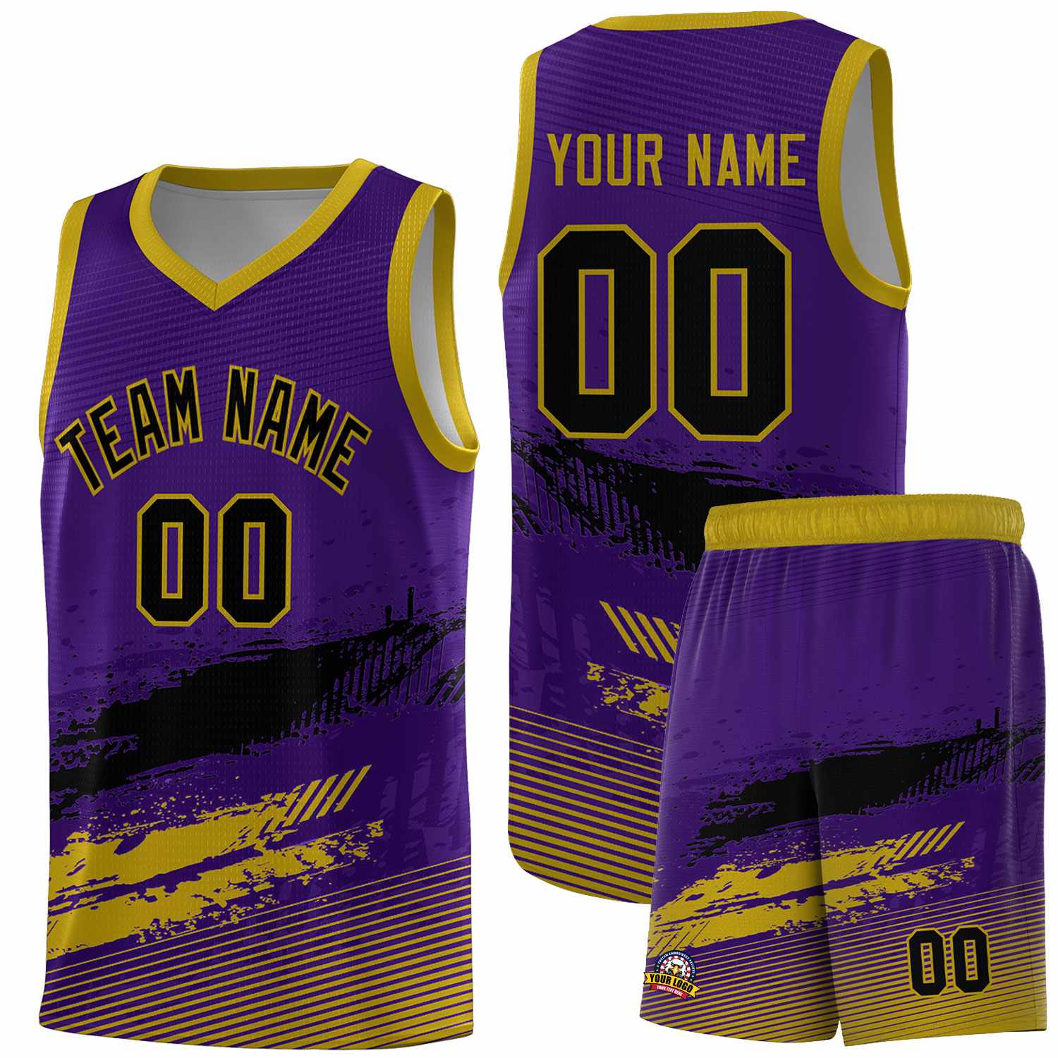 Custom Purple Black and Old Gold Graffiti Pattern Sports Uniform Basketball Jersey