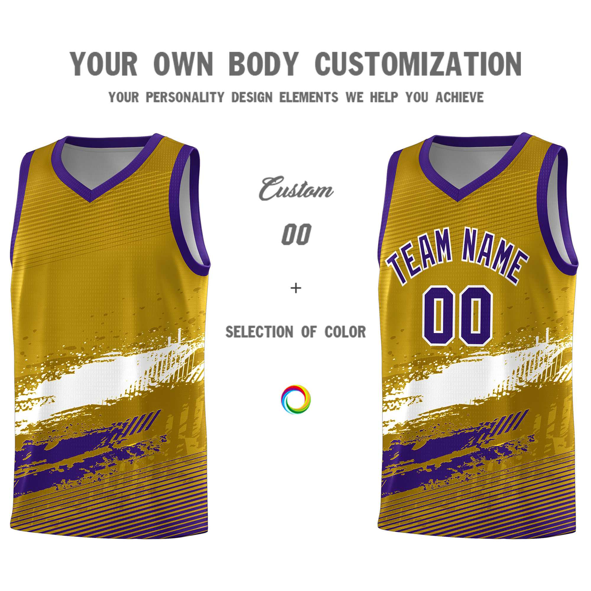 Custom Old Gold White and Purple Graffiti Pattern Sports Uniform Basketball Jersey