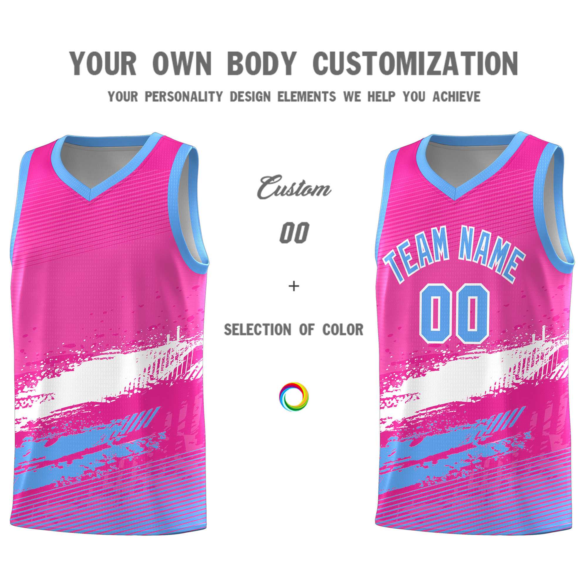 Custom Pink White and Powder Blue Graffiti Pattern Sports Uniform Basketball Jersey