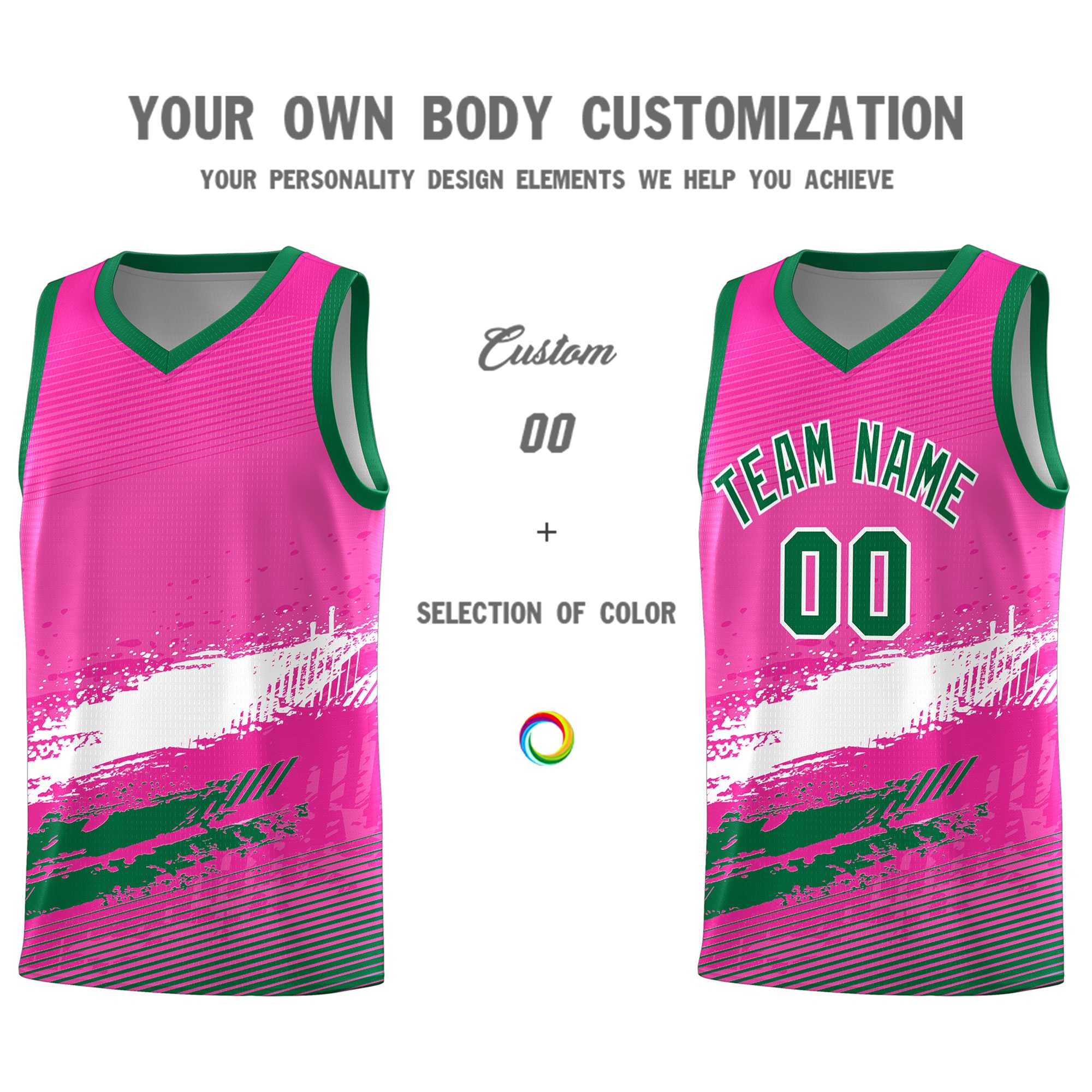 Custom Pink White and Kelly Green Graffiti Pattern Sports Uniform Basketball Jersey