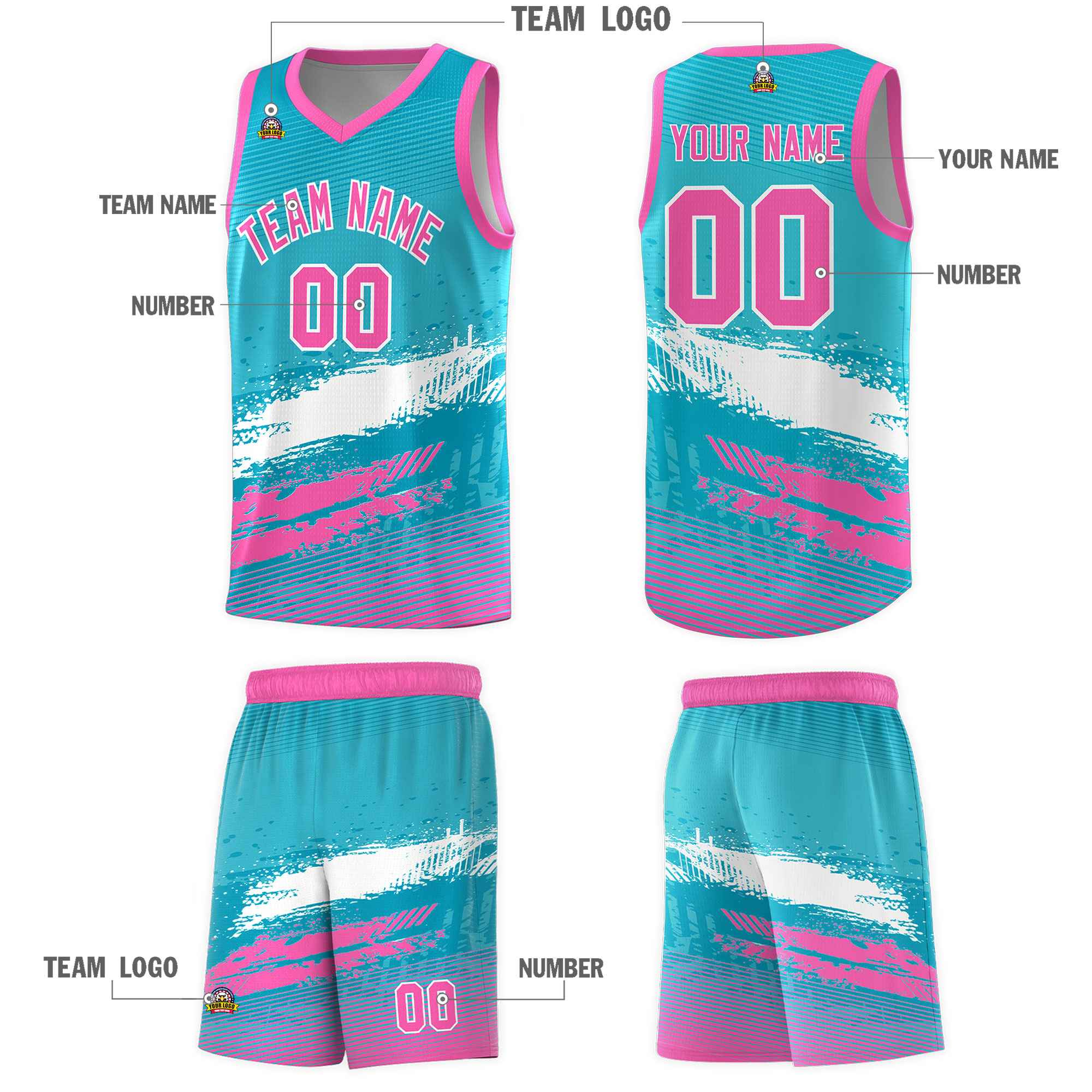 Custom Sky Blue White and Pink Graffiti Pattern Sports Uniform Basketball Jersey