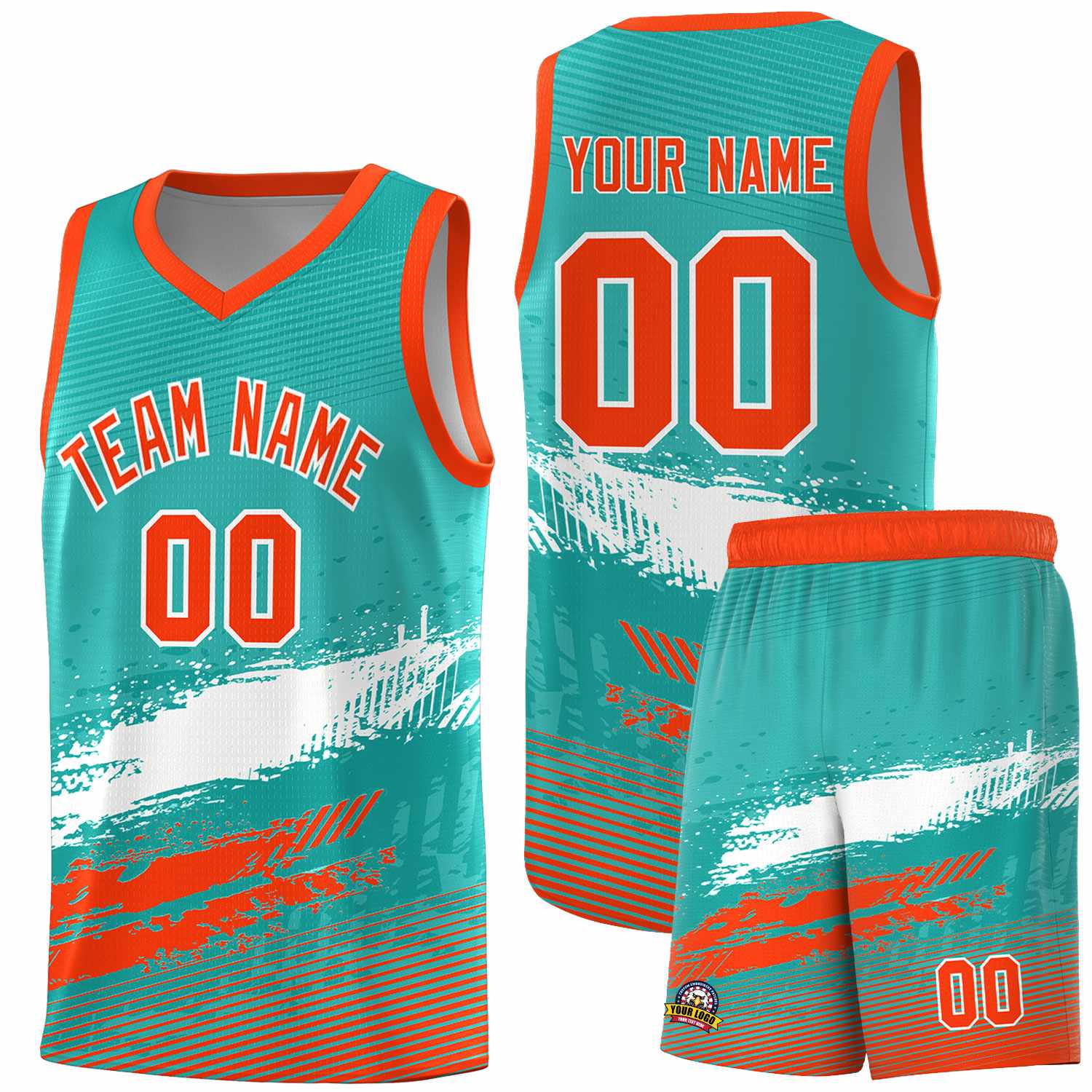 Custom Aqua White and Orange Graffiti Pattern Sports Uniform Basketball Jersey