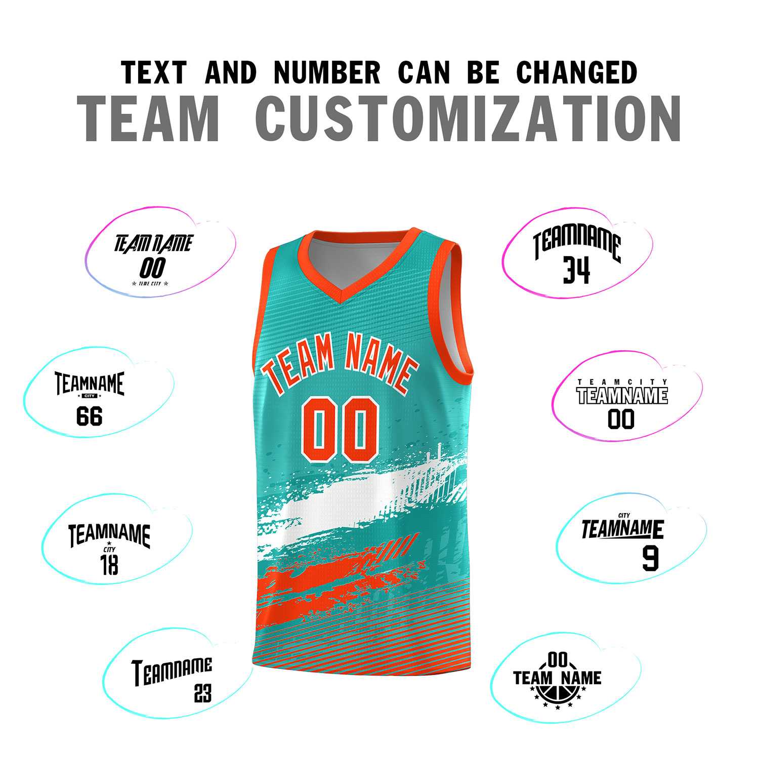 Custom Aqua White and Orange Graffiti Pattern Sports Uniform Basketball Jersey