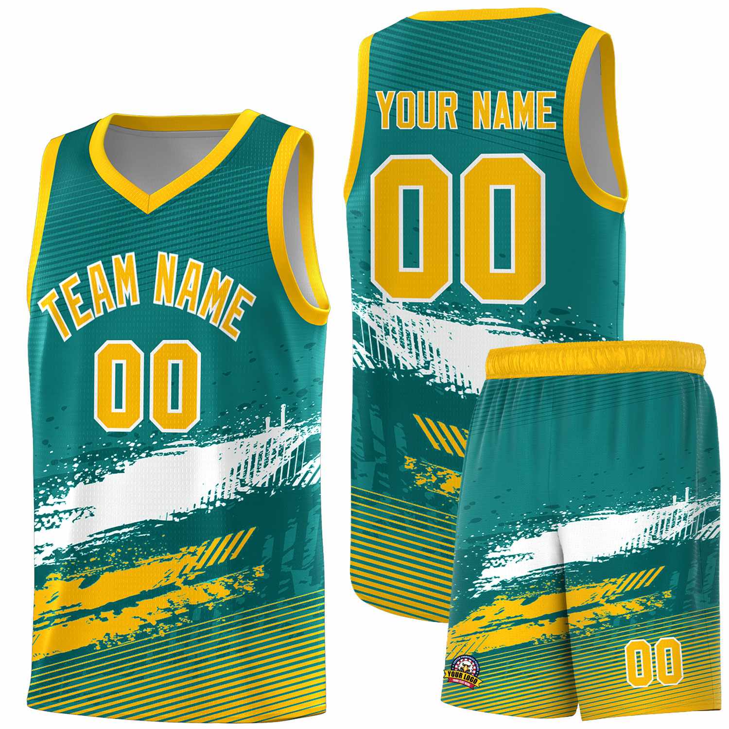 Custom Aqua White and Yellow Graffiti Pattern Sports Uniform Basketball Jersey