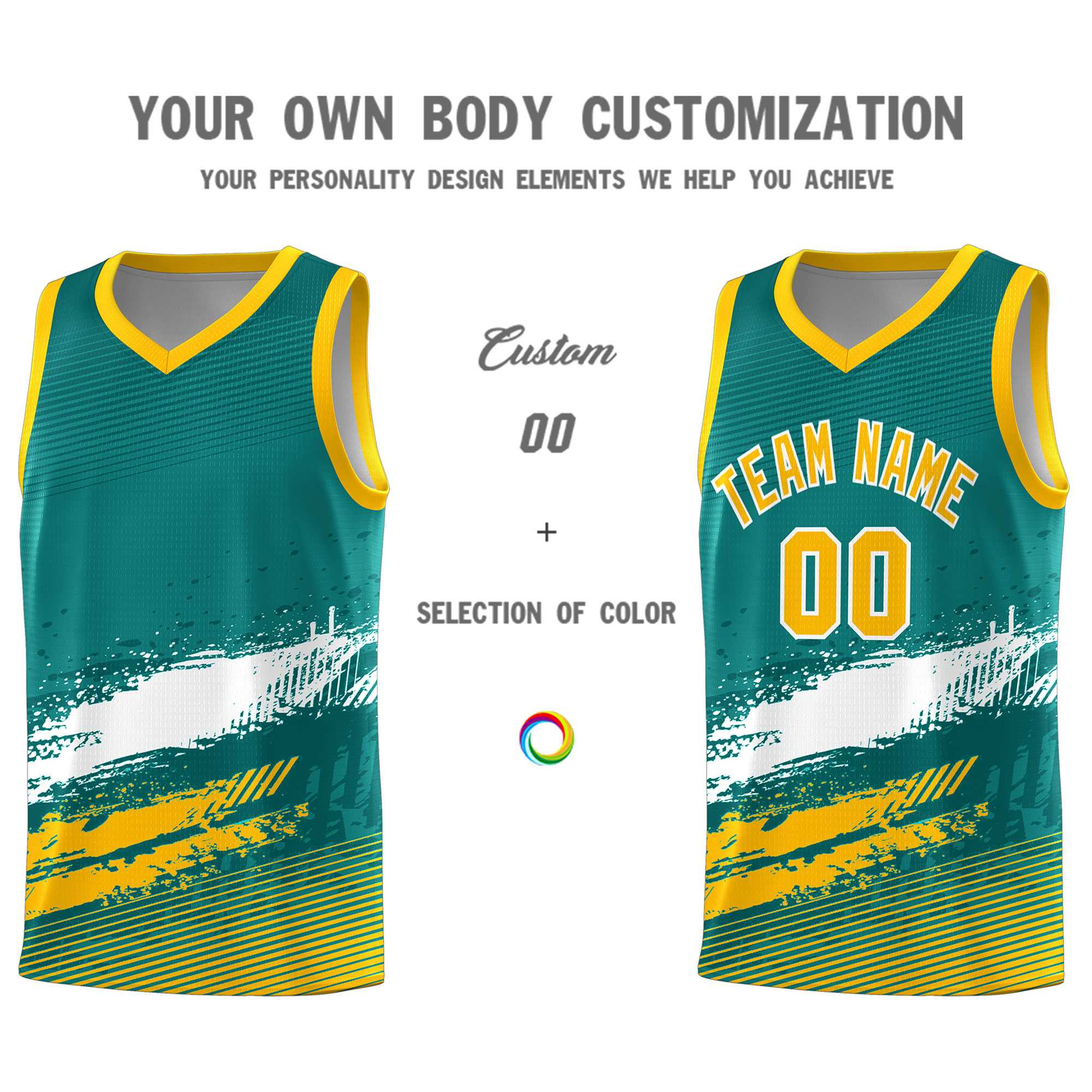 Custom Aqua White and Yellow Graffiti Pattern Sports Uniform Basketball Jersey