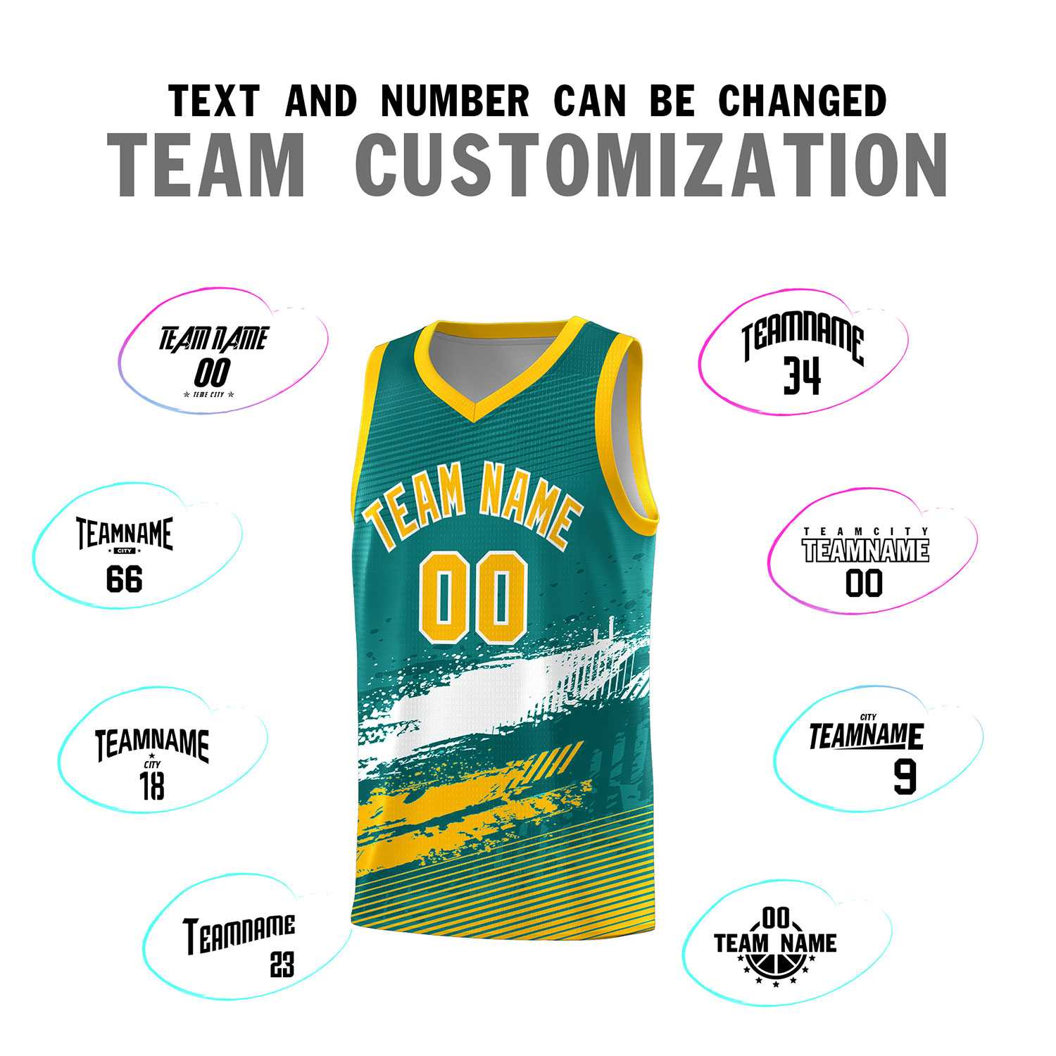 Custom Aqua White and Yellow Graffiti Pattern Sports Uniform Basketball Jersey