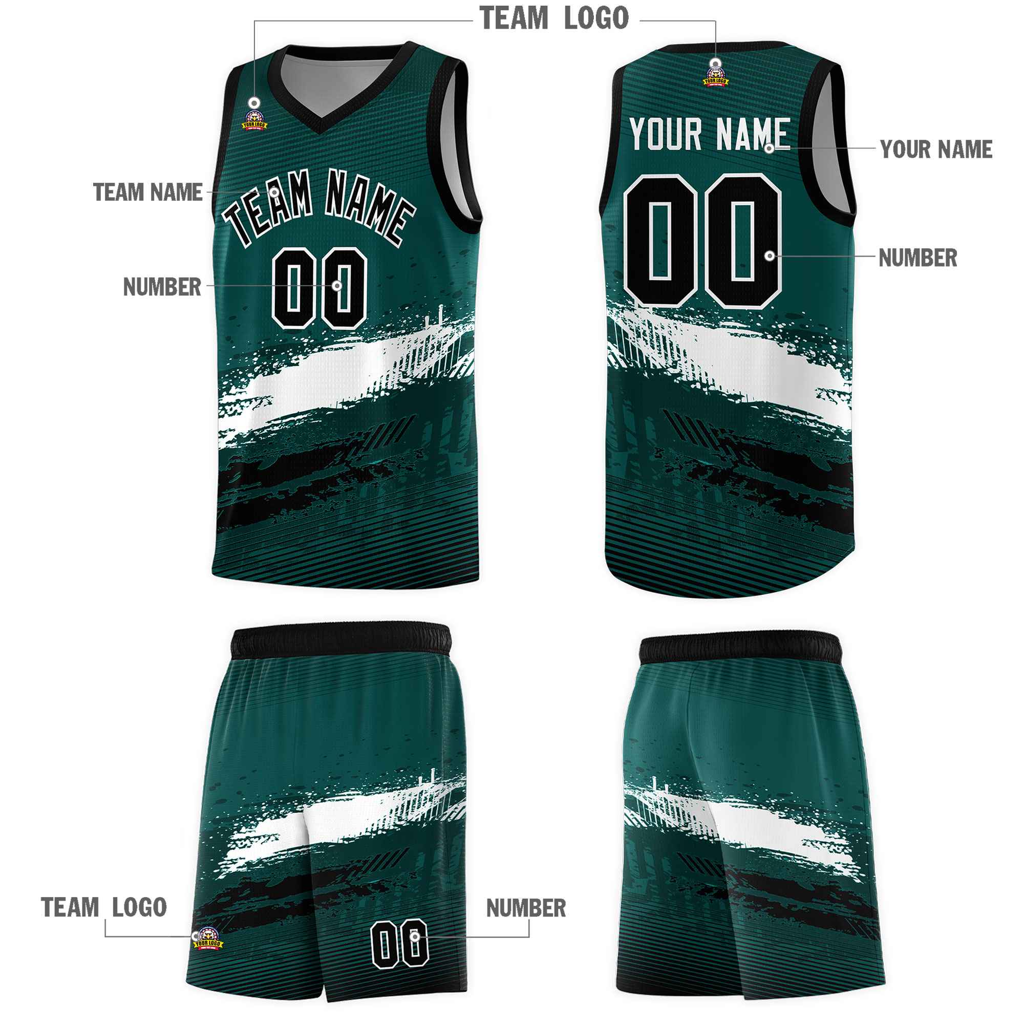 Custom Midnight Green White and Black Graffiti Pattern Sports Uniform Basketball Jersey