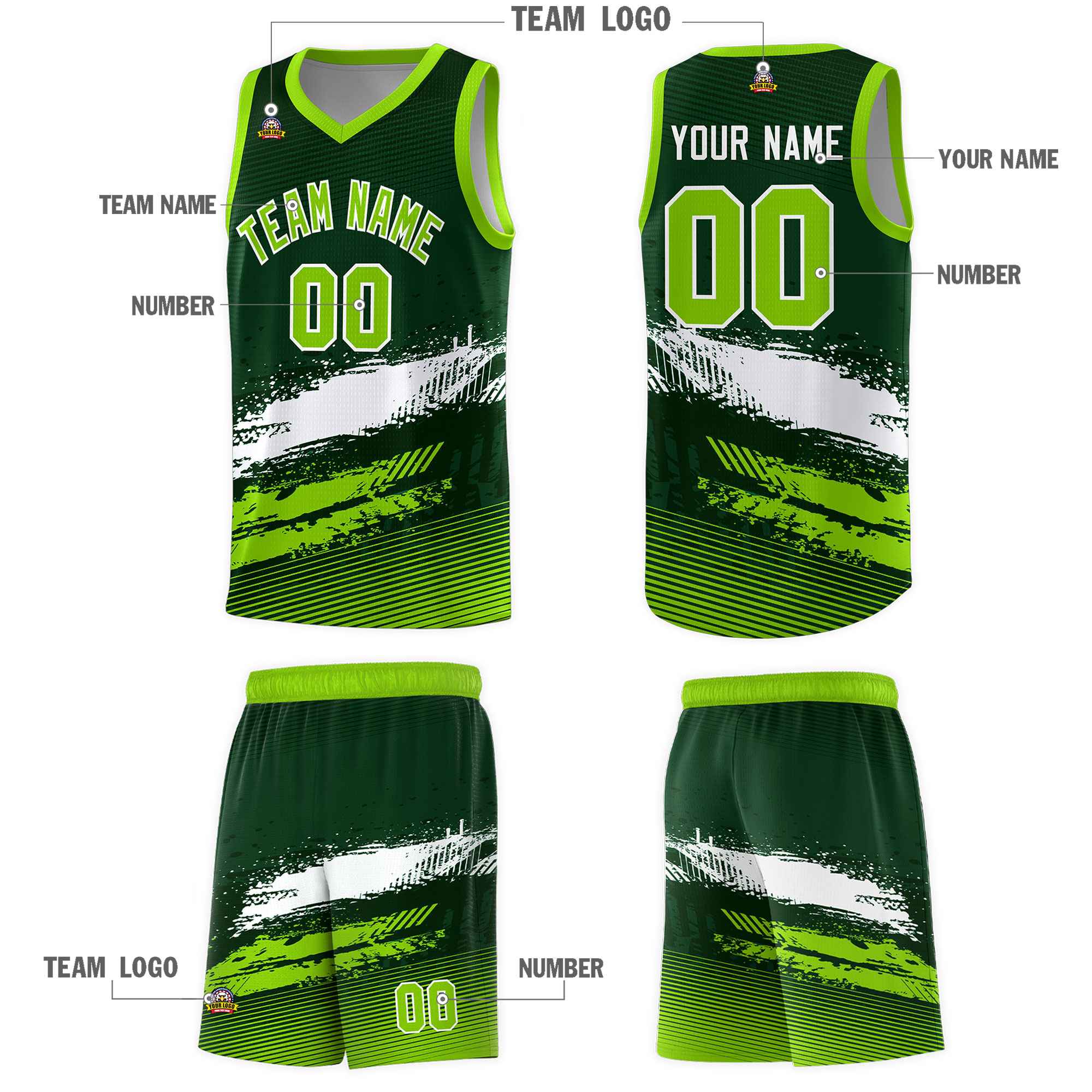 Custom Green White and Neon Green Graffiti Pattern Sports Uniform Basketball Jersey