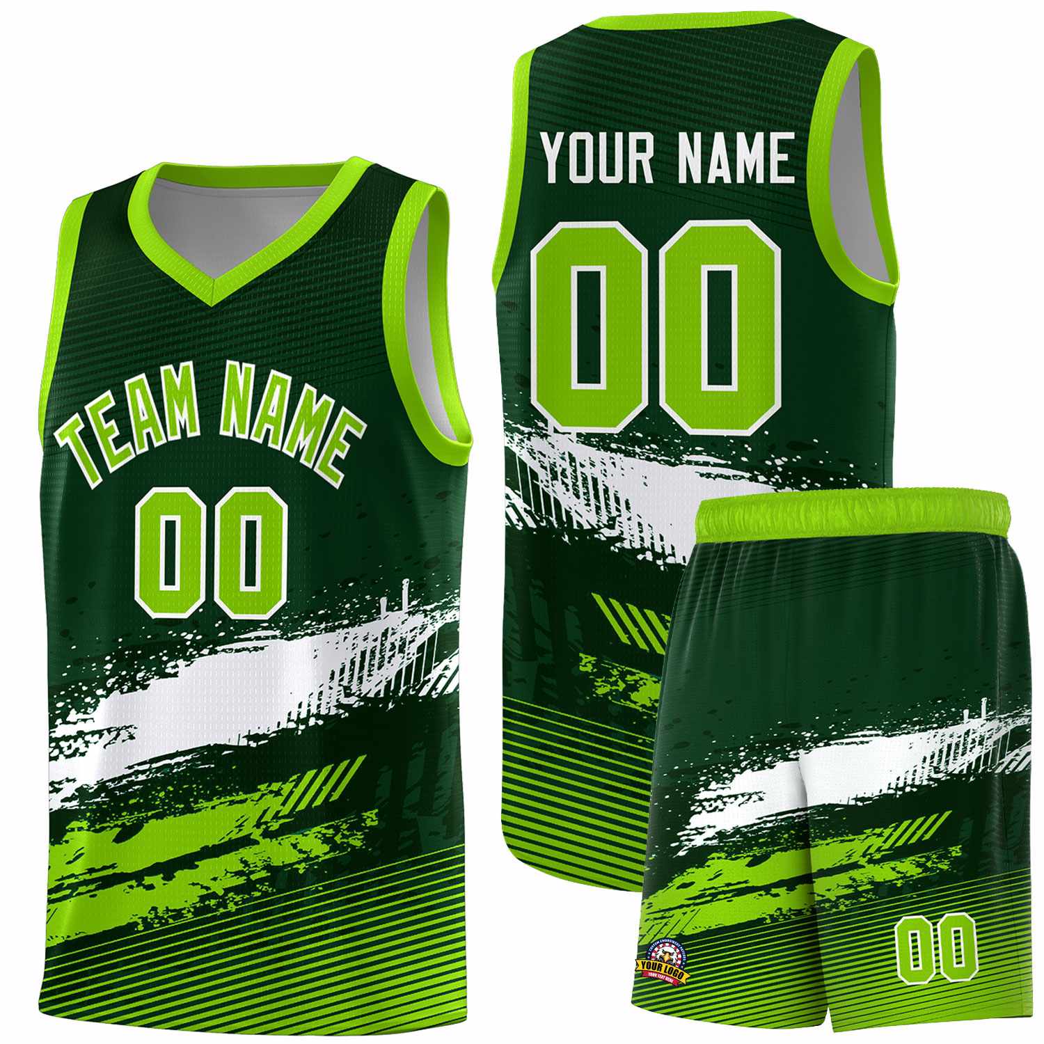 Custom Green White and Neon Green Graffiti Pattern Sports Uniform Basketball Jersey