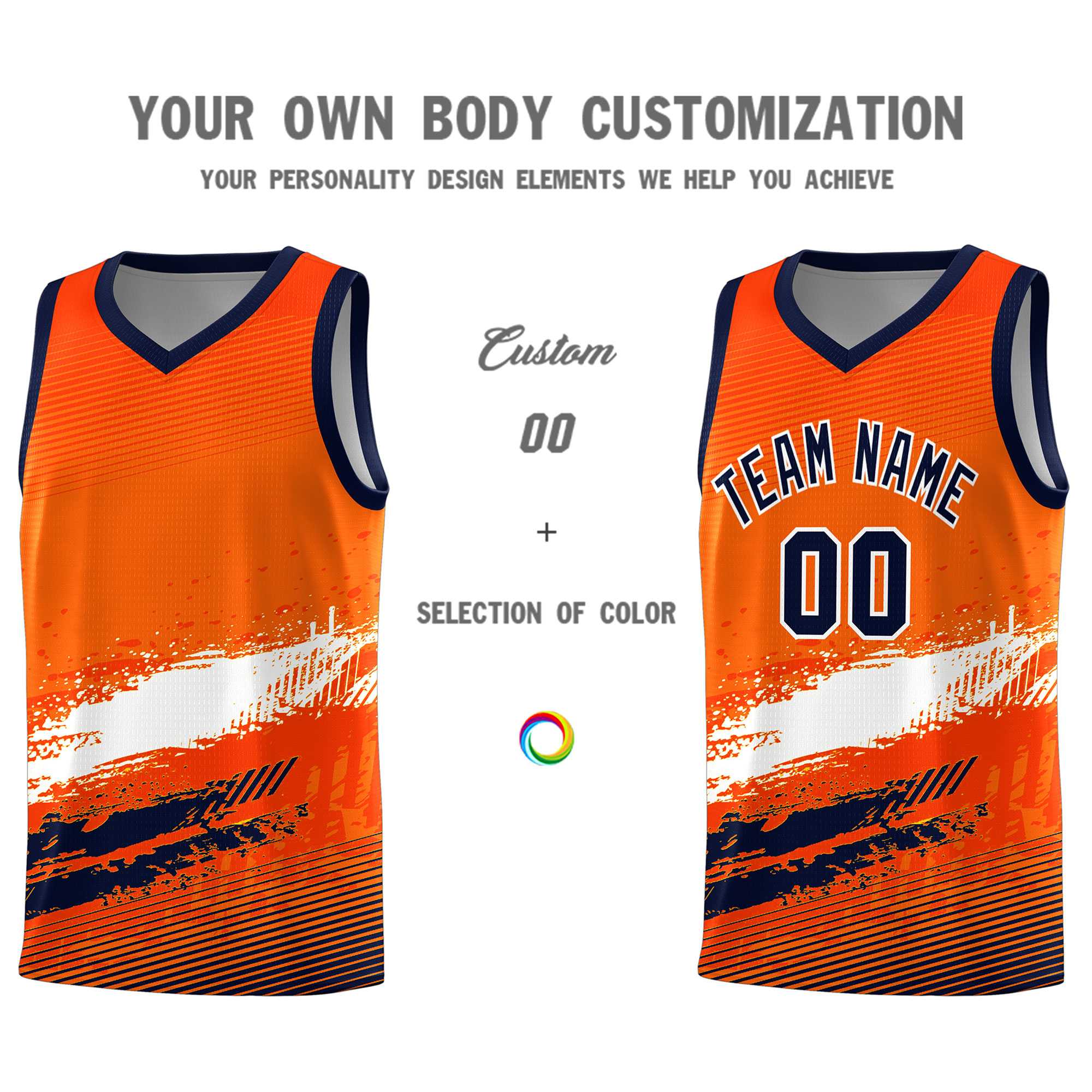 Custom Orange White and Navy Graffiti Pattern Sports Uniform Basketball Jersey