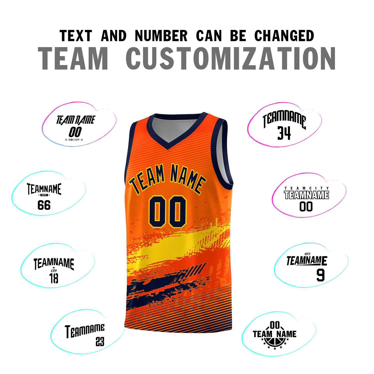 Custom Orange Gold and Navy Graffiti Pattern Sports Uniform Basketball Jersey